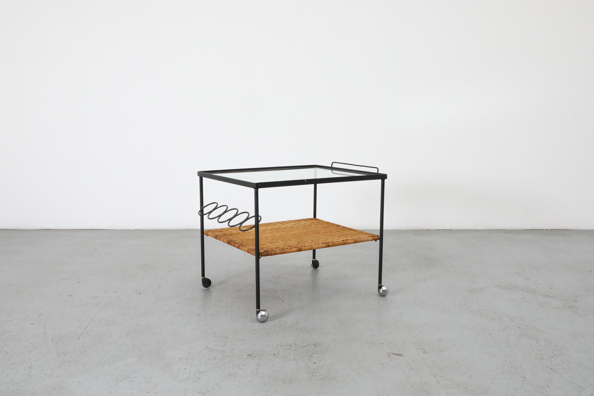 Danish Mid-Century Rolling Bar Cart with Clear Glass and Rattan Shelf For Sale