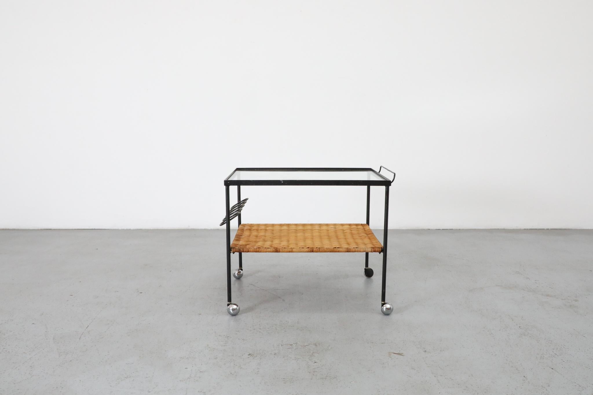 Enameled Mid-Century Rolling Bar Cart with Clear Glass and Rattan Shelf For Sale