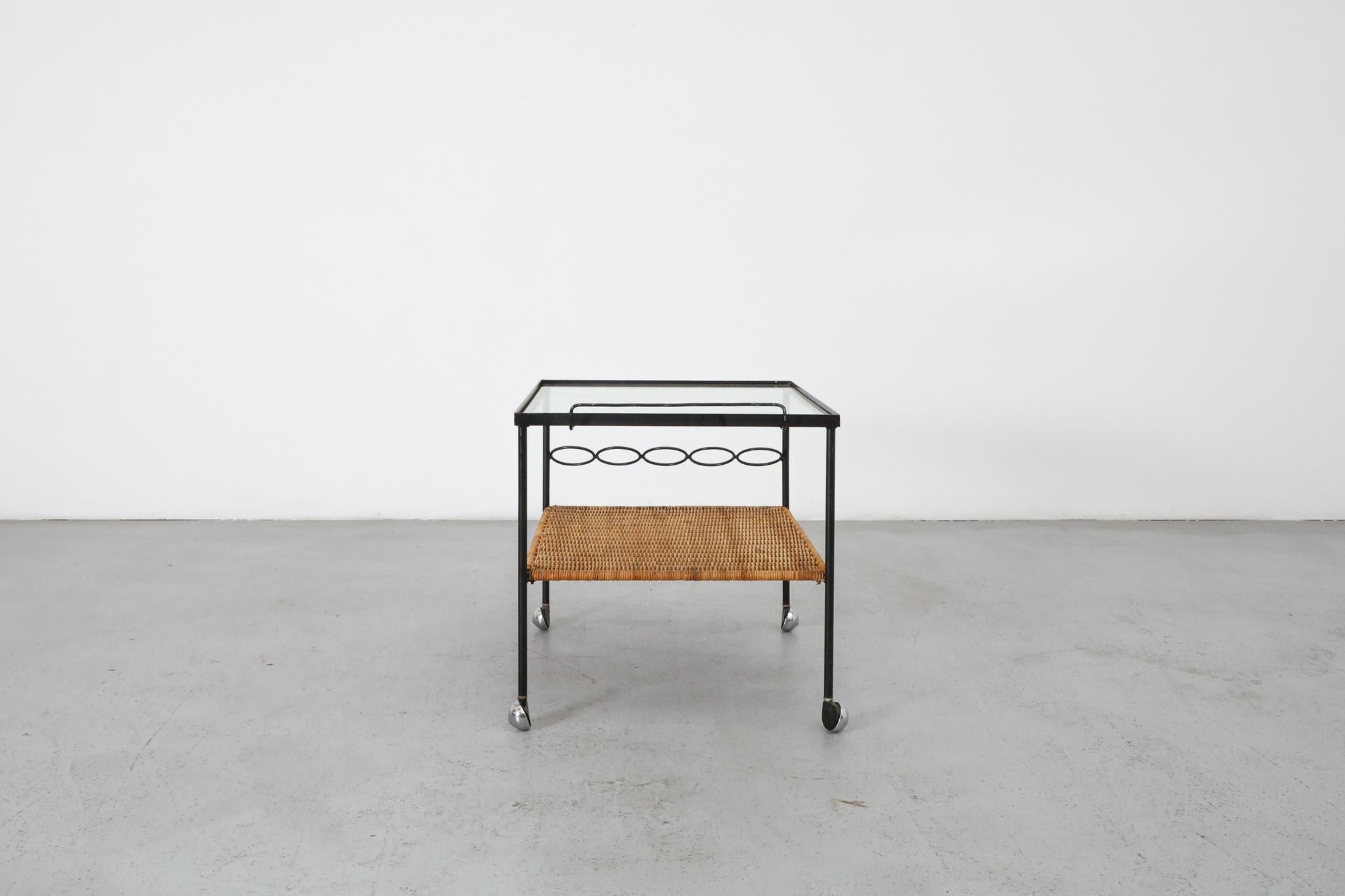 Late 20th Century Mid-Century Rolling Bar Cart with Clear Glass and Rattan Shelf For Sale