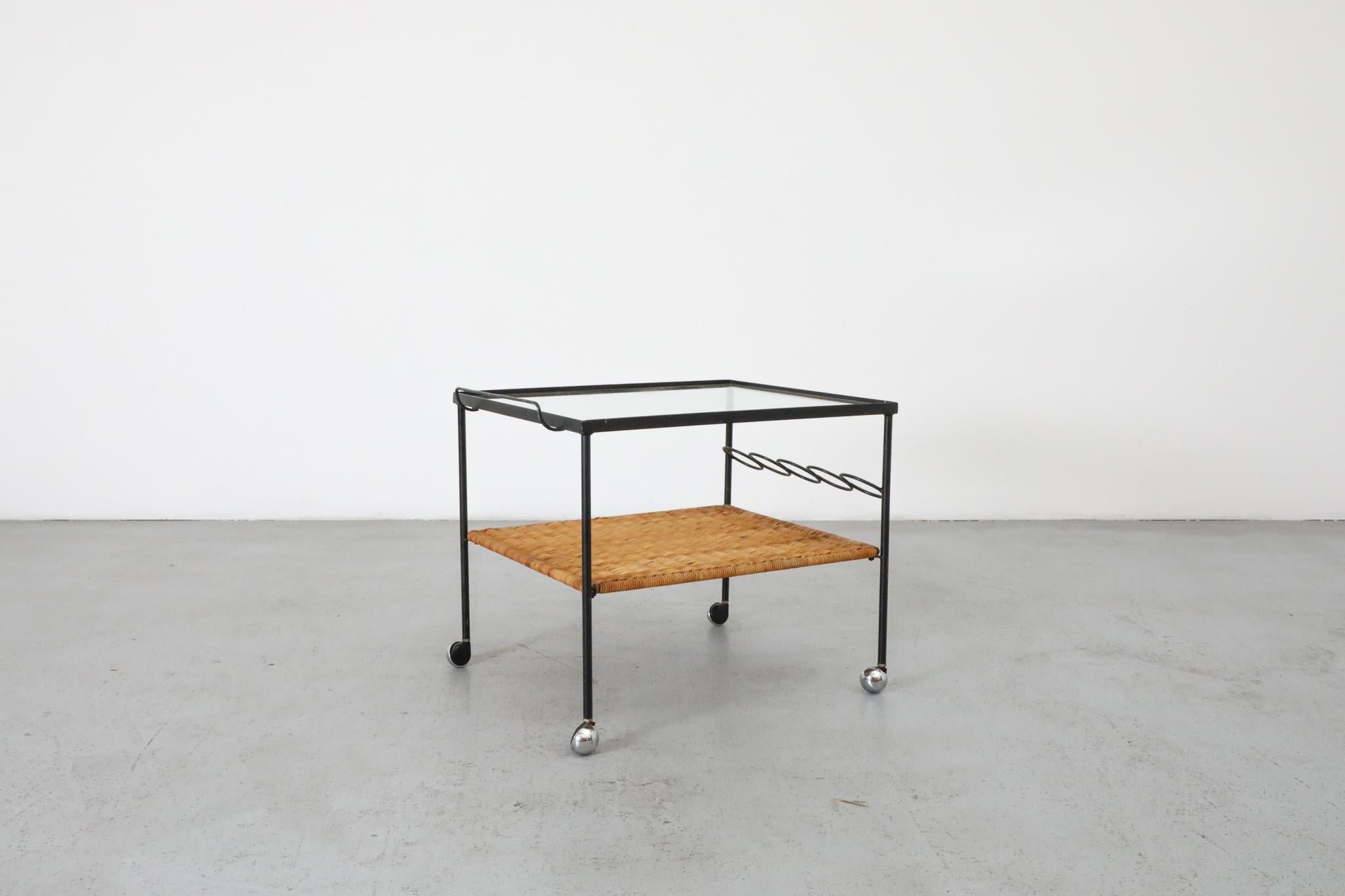 Metal Mid-Century Rolling Bar Cart with Clear Glass and Rattan Shelf For Sale