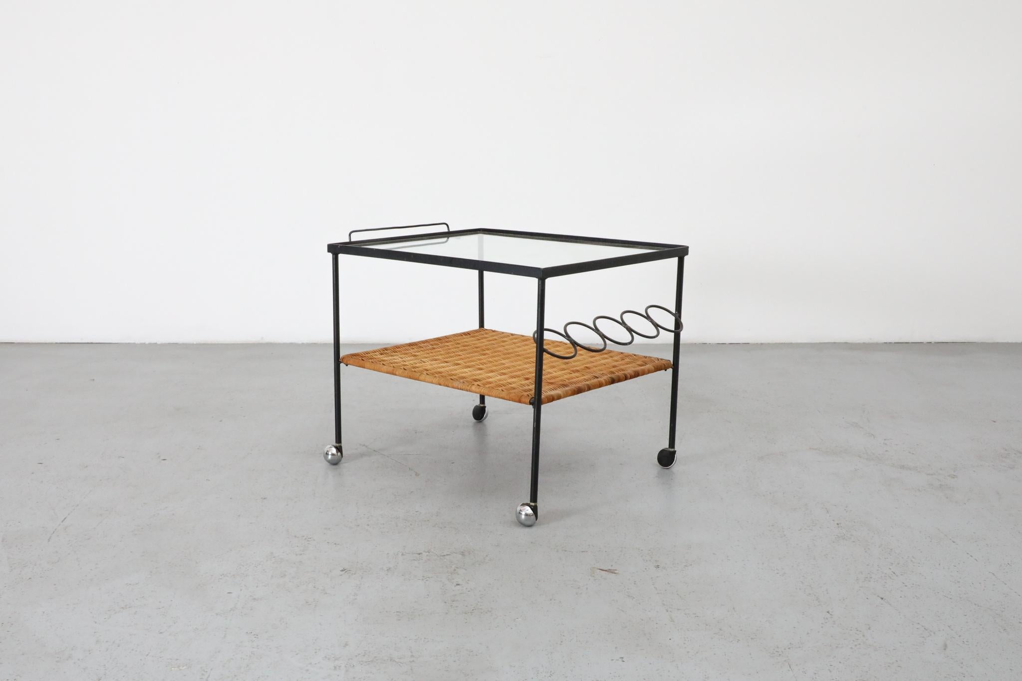 Mid-Century Rolling Bar Cart with Clear Glass and Rattan Shelf For Sale 1