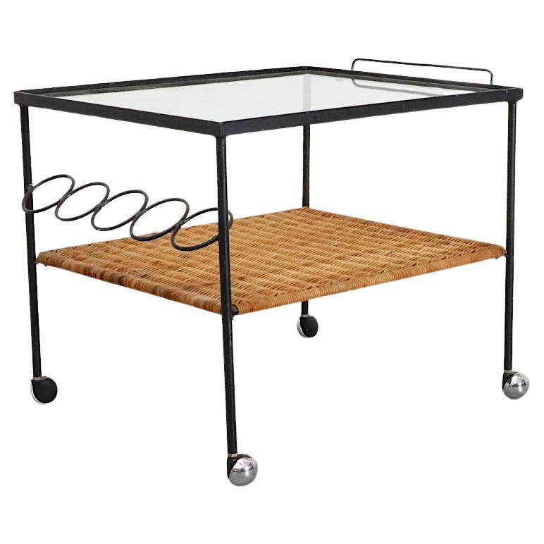 Mid-Century Rolling Bar Cart with Clear Glass and Rattan Shelf For Sale