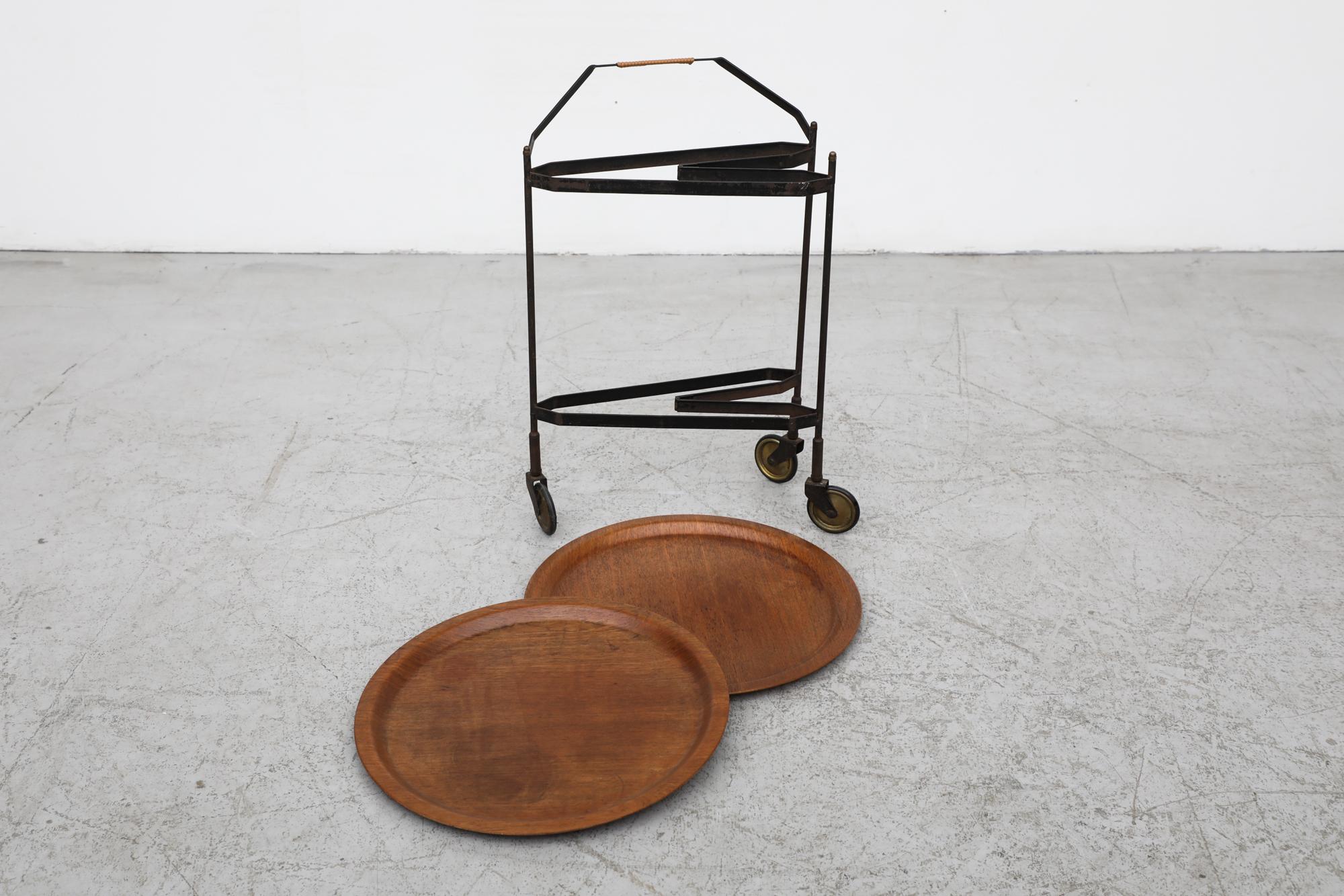 Mid-Century Rolling Cart with Folding Black Frame and Removable Teak Trays For Sale 2