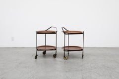 Mid-Century Rolling Cart with Folding Black Frame and Removable Teak Trays