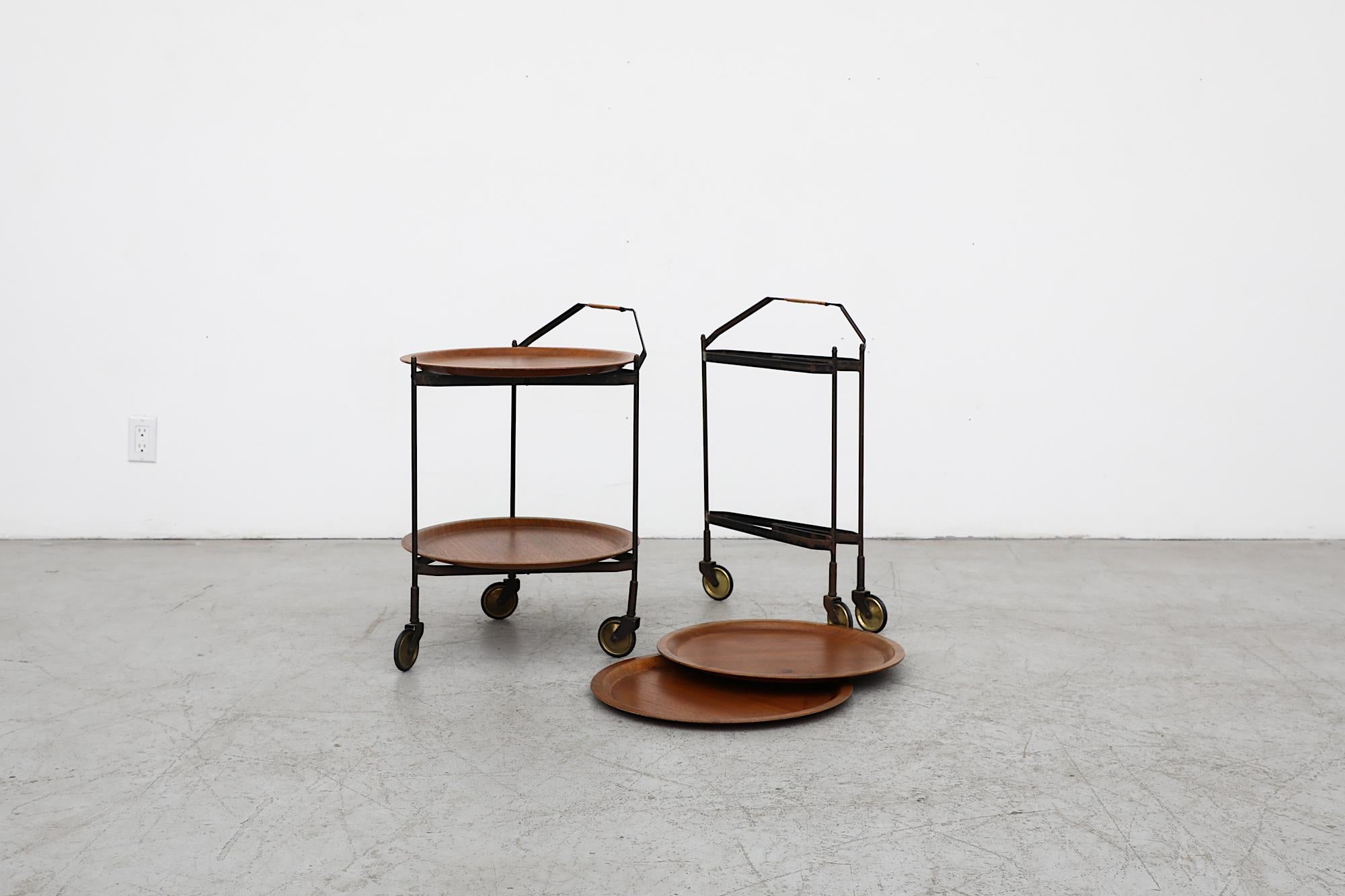 Mid-Century Rolling Cart with Folding Black Frame and Removable Teak Trays For Sale 12