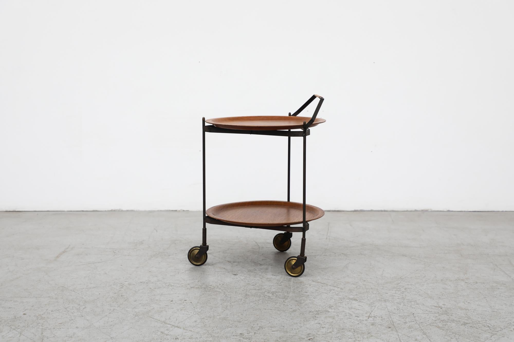 German Mid-Century Rolling Cart with Folding Black Frame and Removable Teak Trays For Sale
