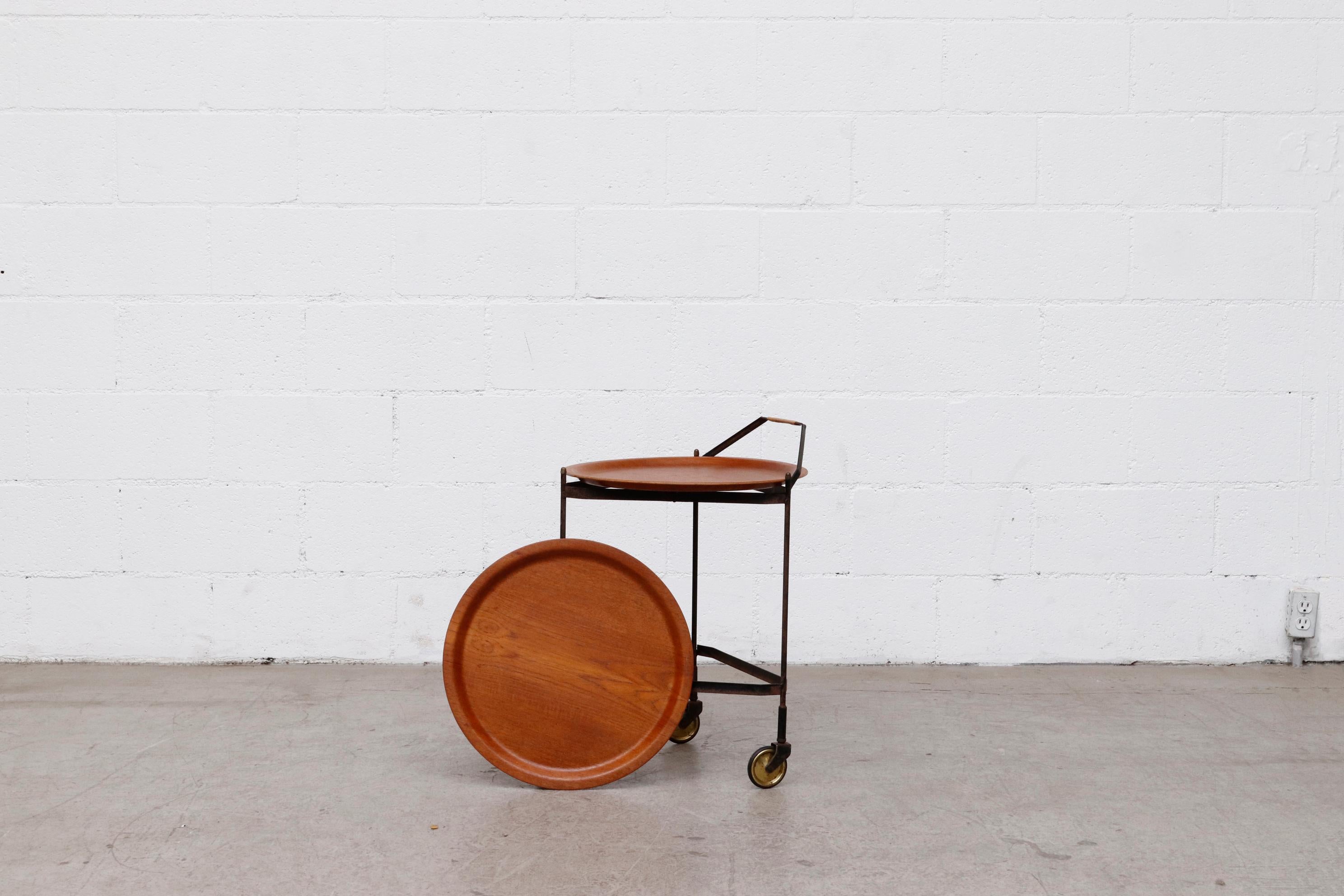 Enameled Mid-Century Rolling Cart with Removable Teak Trays