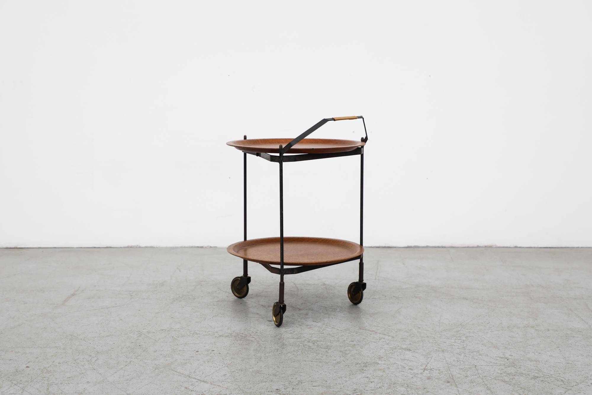 Enameled Mid-Century Rolling Cart with Folding Black Frame and Removable Teak Trays For Sale