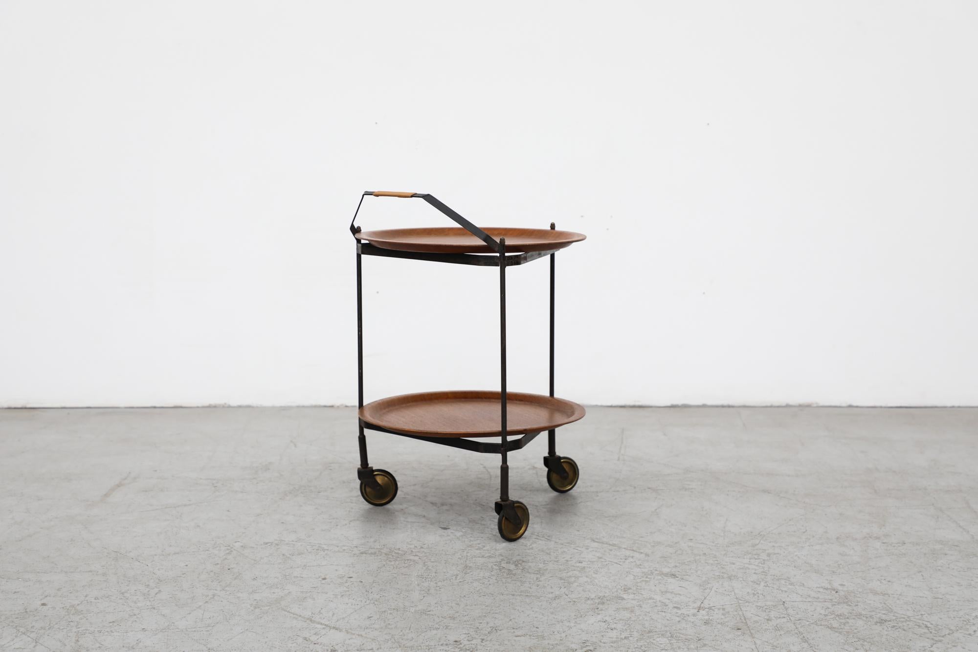 Mid-20th Century Mid-Century Rolling Cart with Folding Black Frame and Removable Teak Trays For Sale