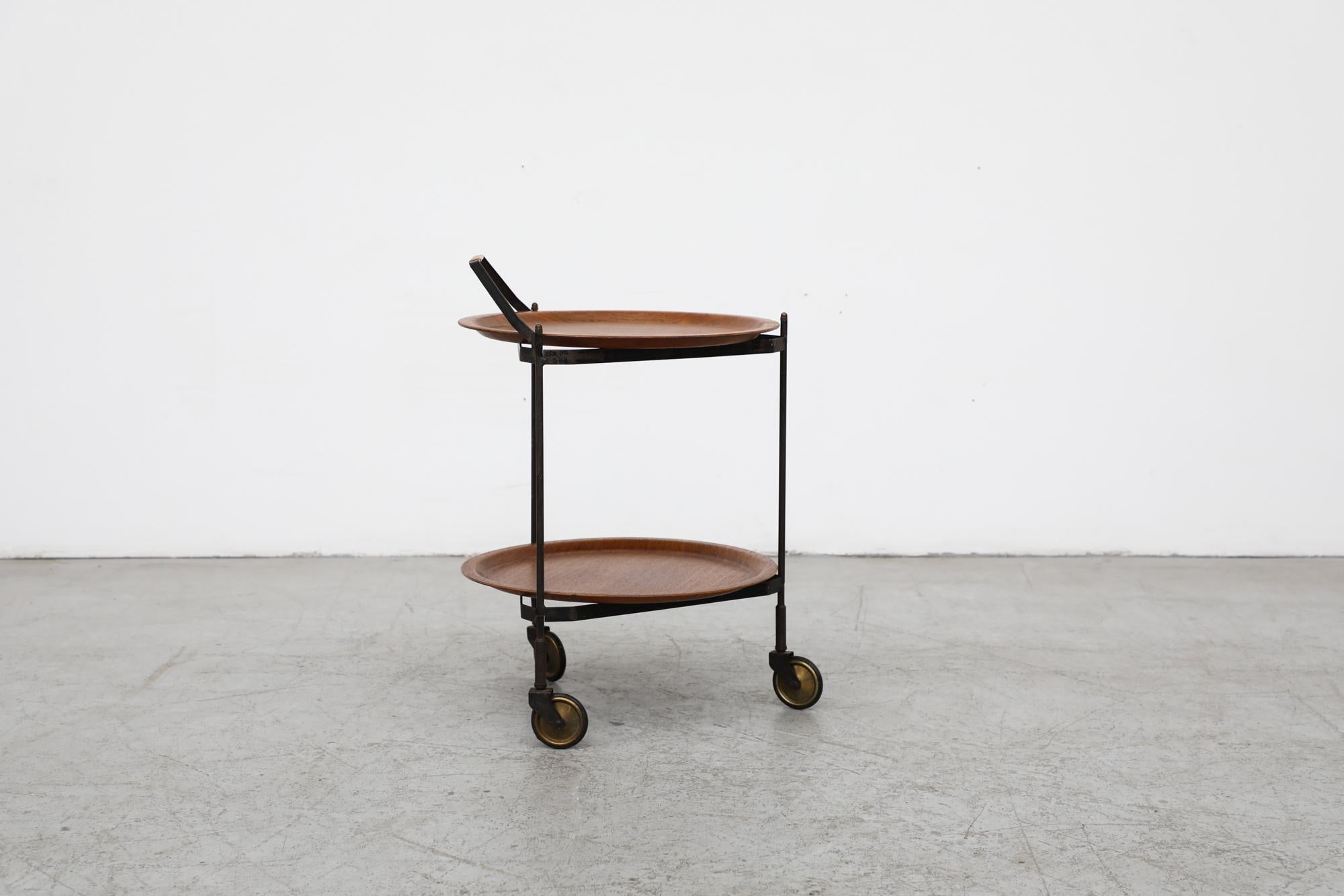 Metal Mid-Century Rolling Cart with Folding Black Frame and Removable Teak Trays For Sale
