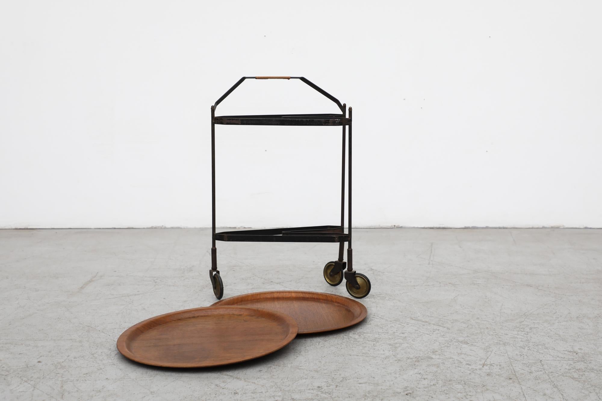 Mid-Century Rolling Cart with Folding Black Frame and Removable Teak Trays For Sale 1