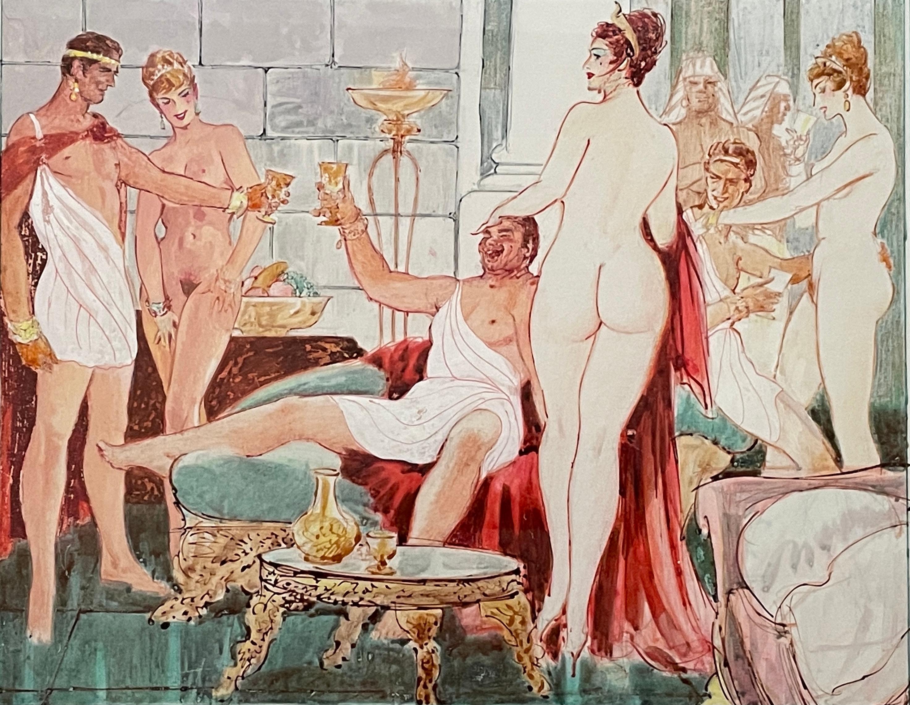 W. Hall signed erotic watercolor of Men dressed in togas drinking with nude women with Egyptian guards in the background. Measures: 30
