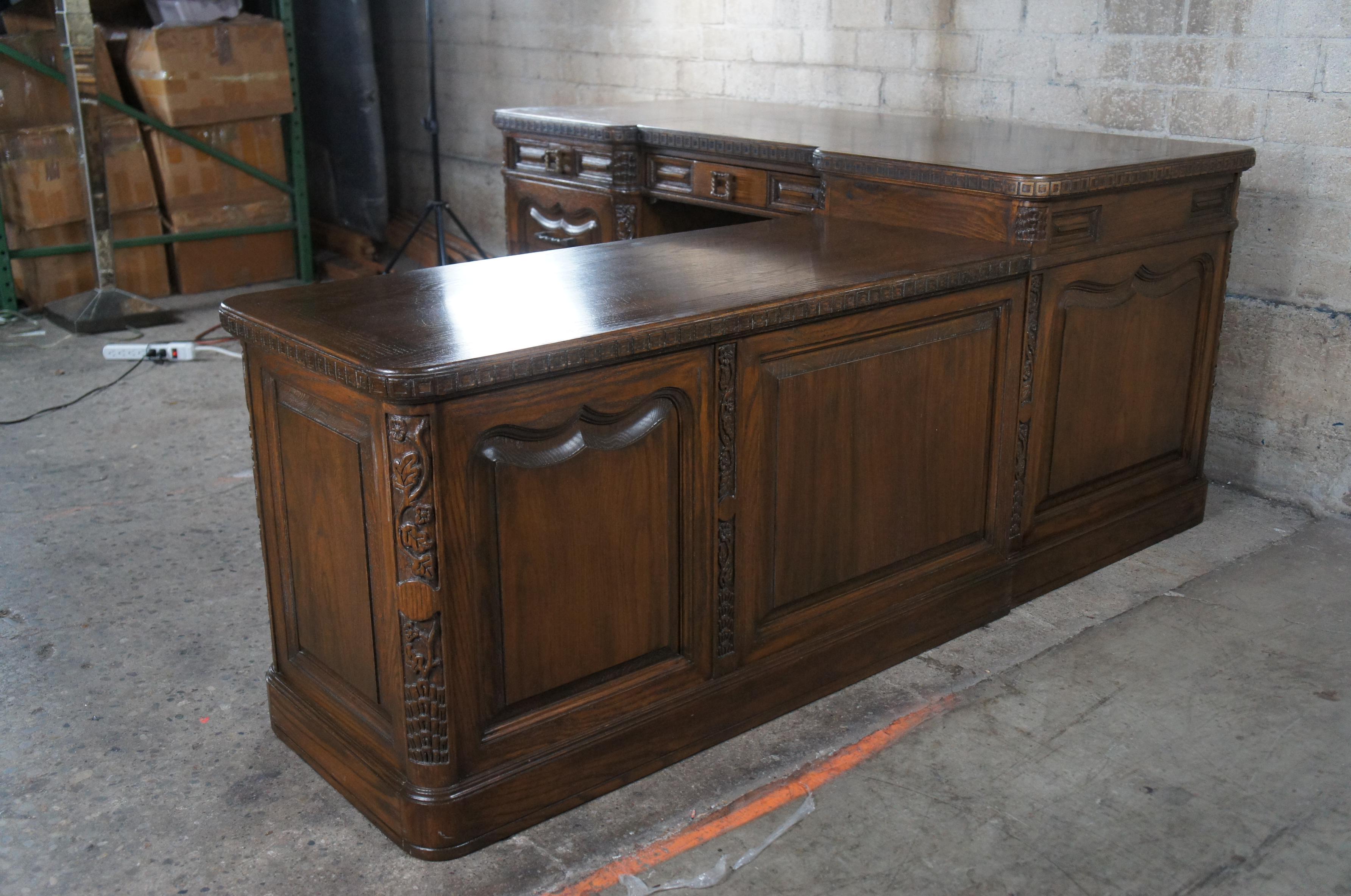 Mid Century Romweber Viking Oak Carved Executive L Shaped Office Secretarys Desk 3