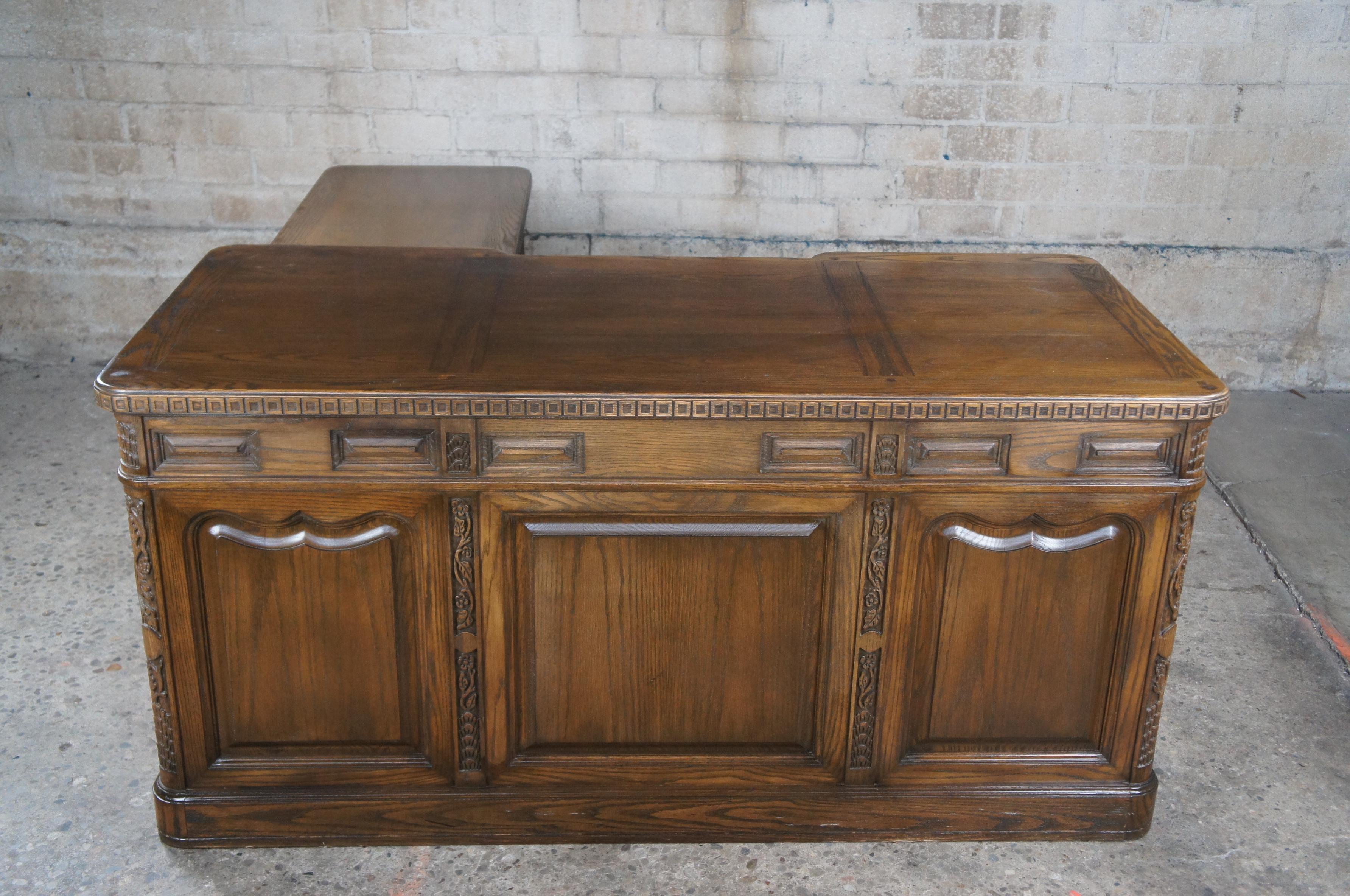 Mid Century Romweber Viking Oak Carved Executive L Shaped Office Secretarys Desk 4