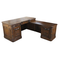 Vintage Mid Century Romweber Viking Oak Carved Executive L Shaped Office Secretarys Desk