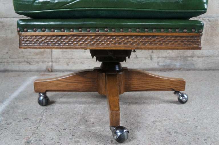 Midcentury Romweber Viking Oak Carved Green Leather Executive Office