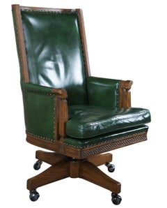 Midcentury Romweber Viking Oak Carved Green Leather Executive Office Desk Chair