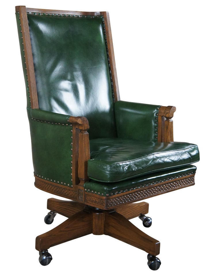 Midcentury Romweber Viking Oak Carved Green Leather Executive Office