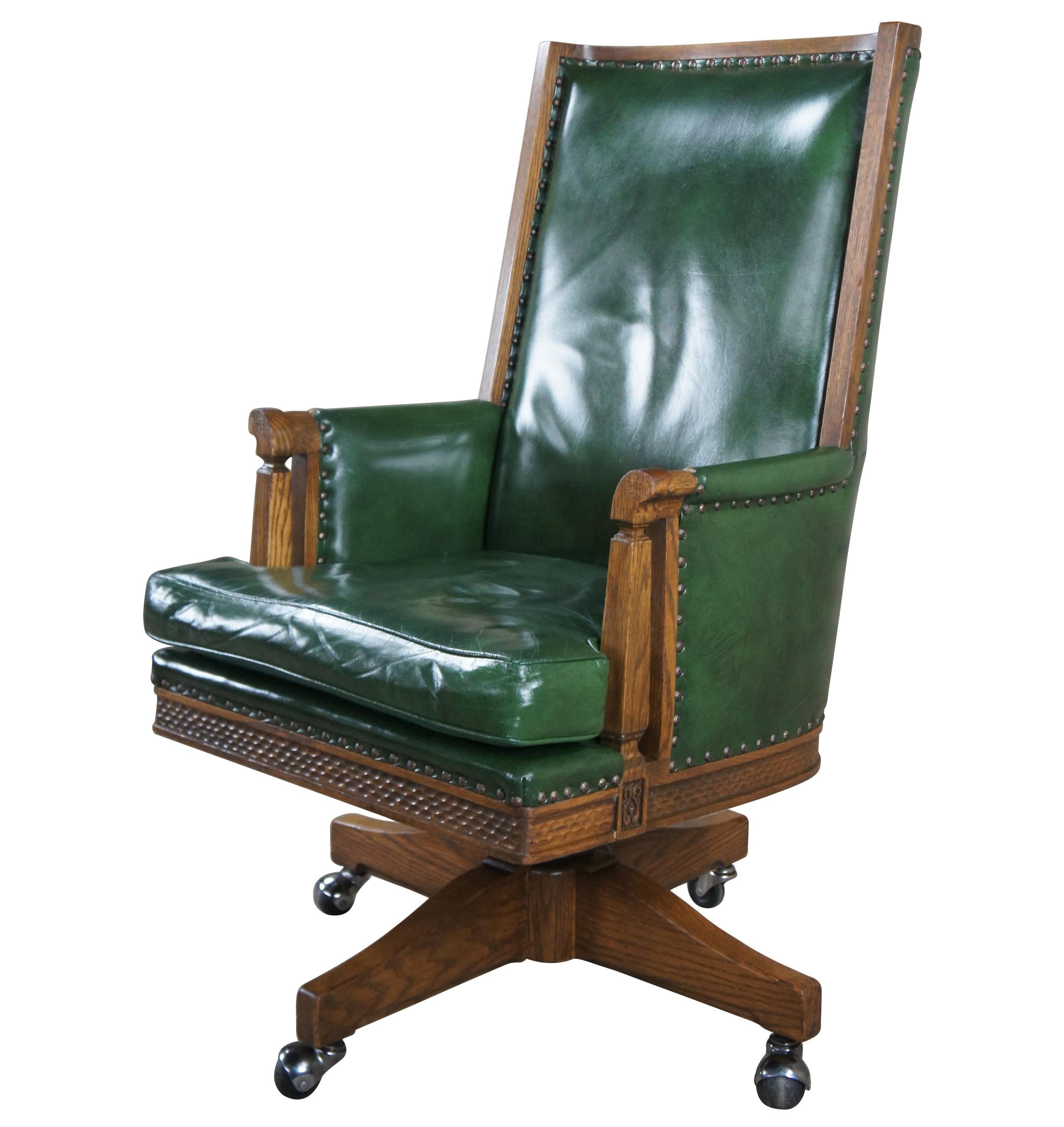 Mid-Century Modern Midcentury Romweber Viking Oak Carved Green Leather Executive Office Desk Chair