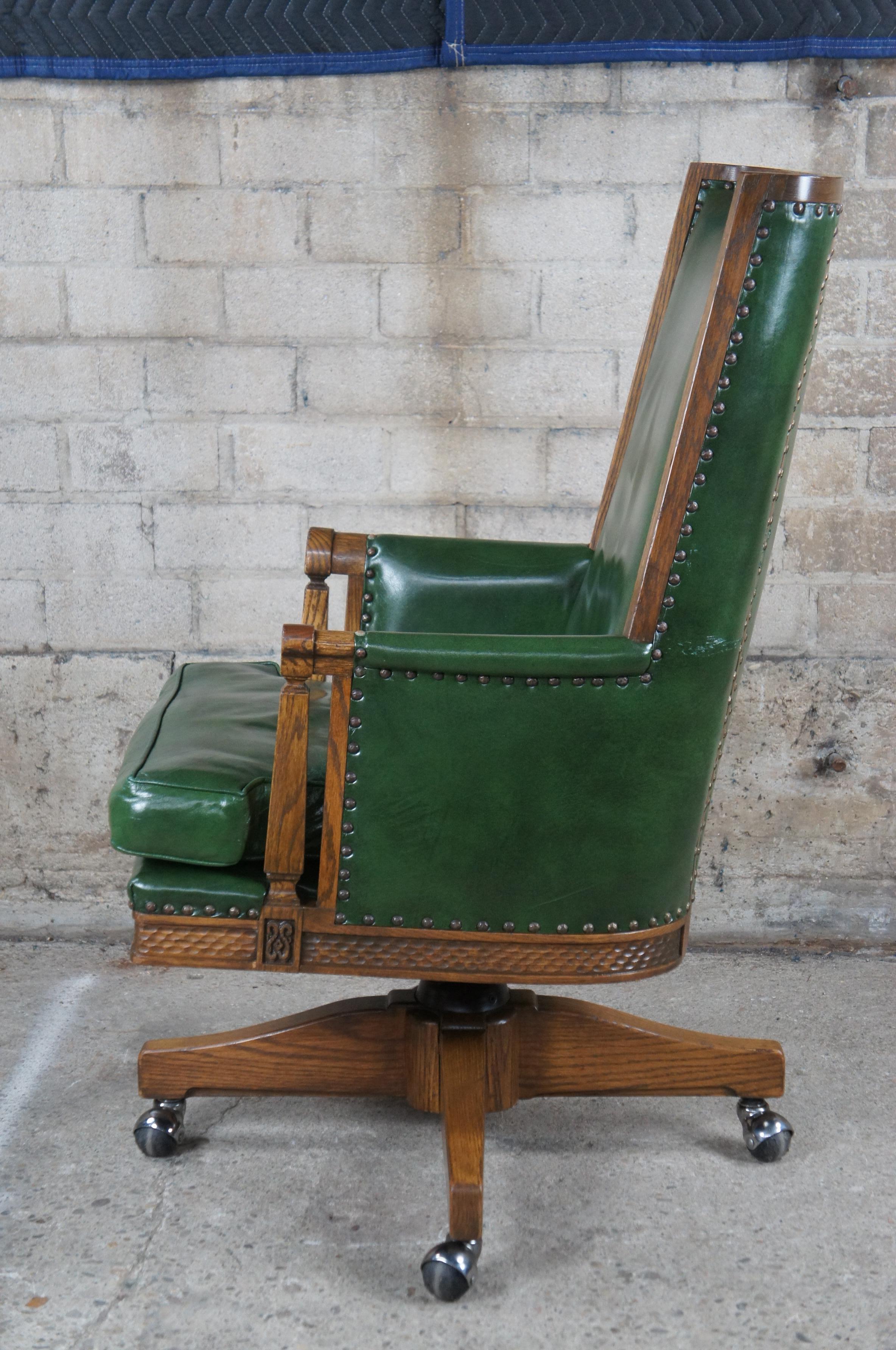 Midcentury Romweber Viking Oak Carved Green Leather Executive Office Desk Chair In Good Condition In Dayton, OH