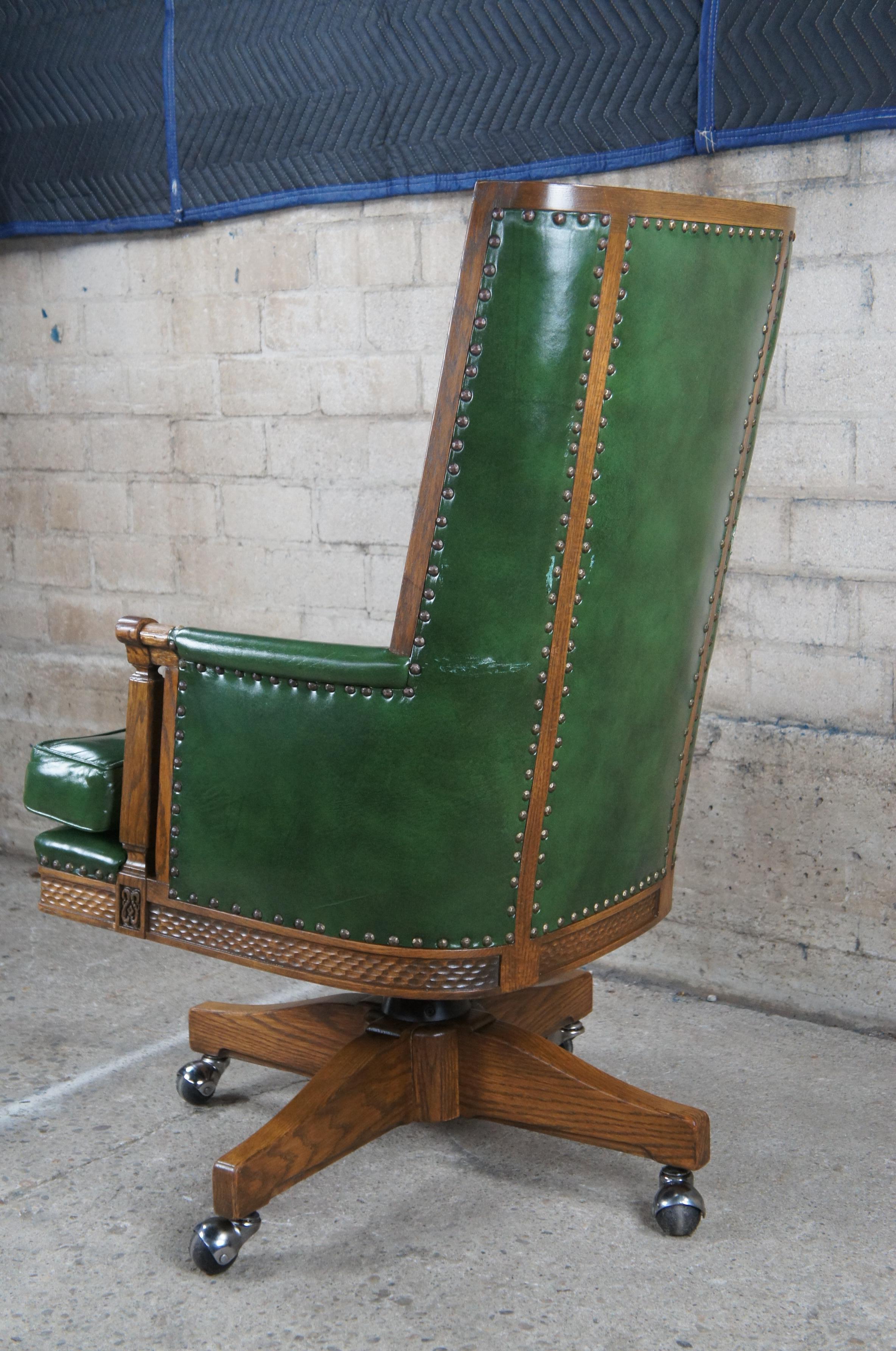 Late 20th Century Midcentury Romweber Viking Oak Carved Green Leather Executive Office Desk Chair