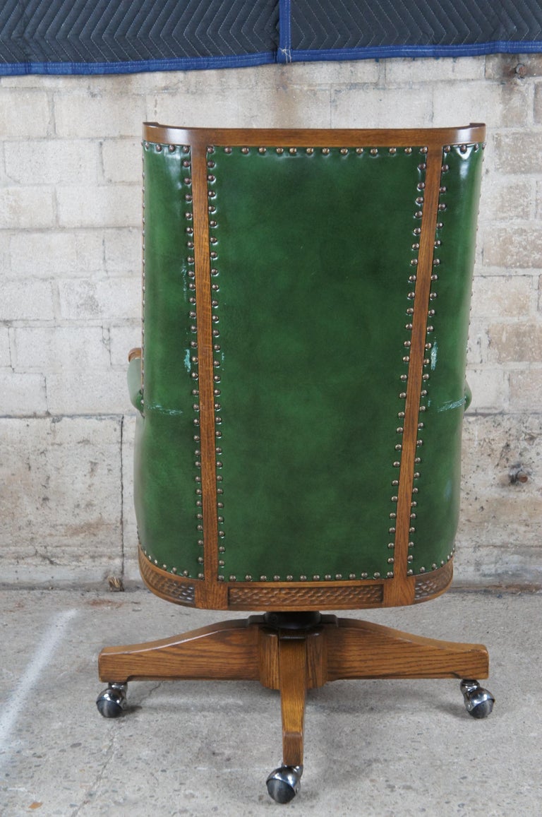 Midcentury Romweber Viking Oak Carved Green Leather Executive Office