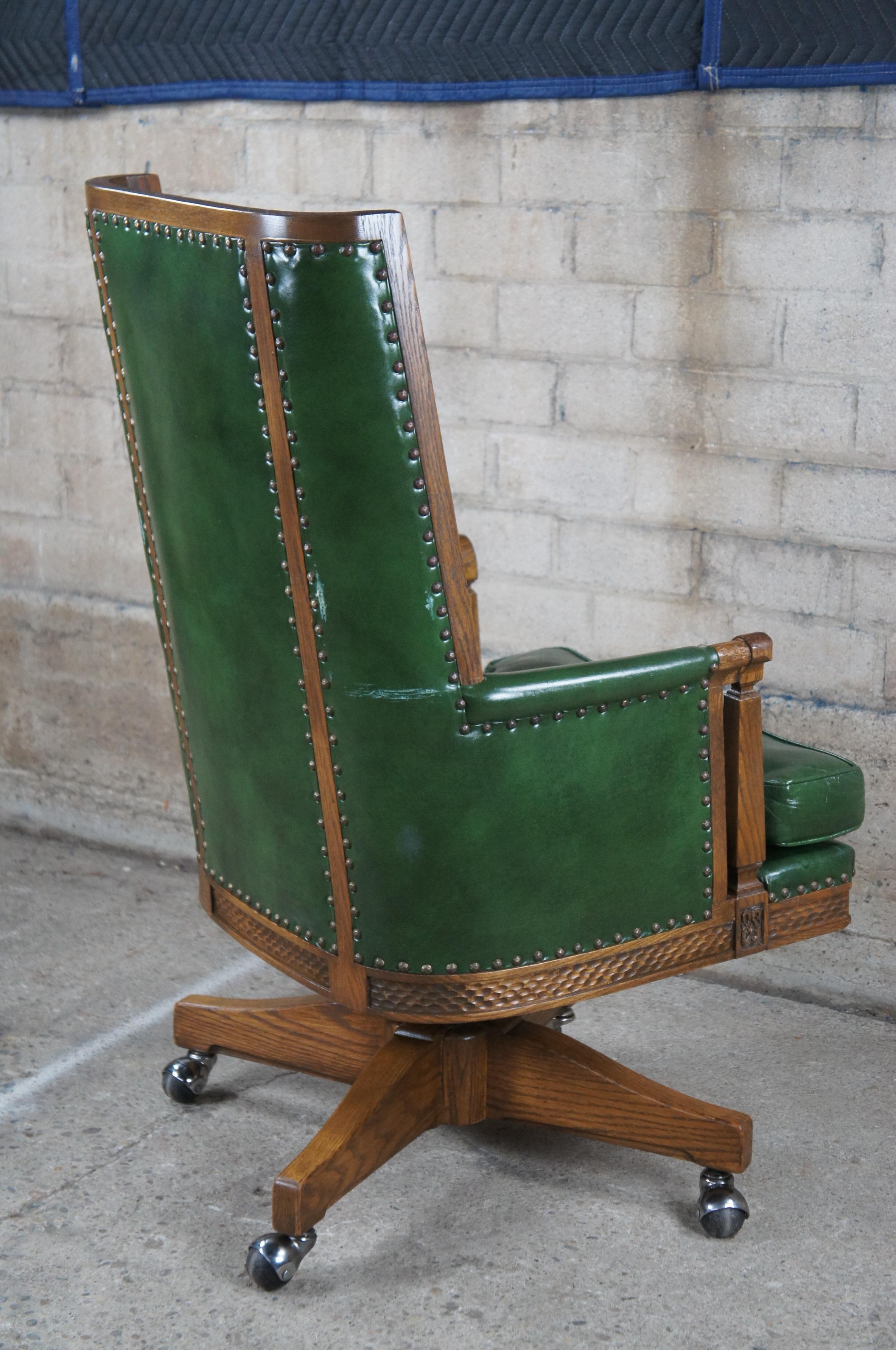 Midcentury Romweber Viking Oak Carved Green Leather Executive Office Desk Chair 2