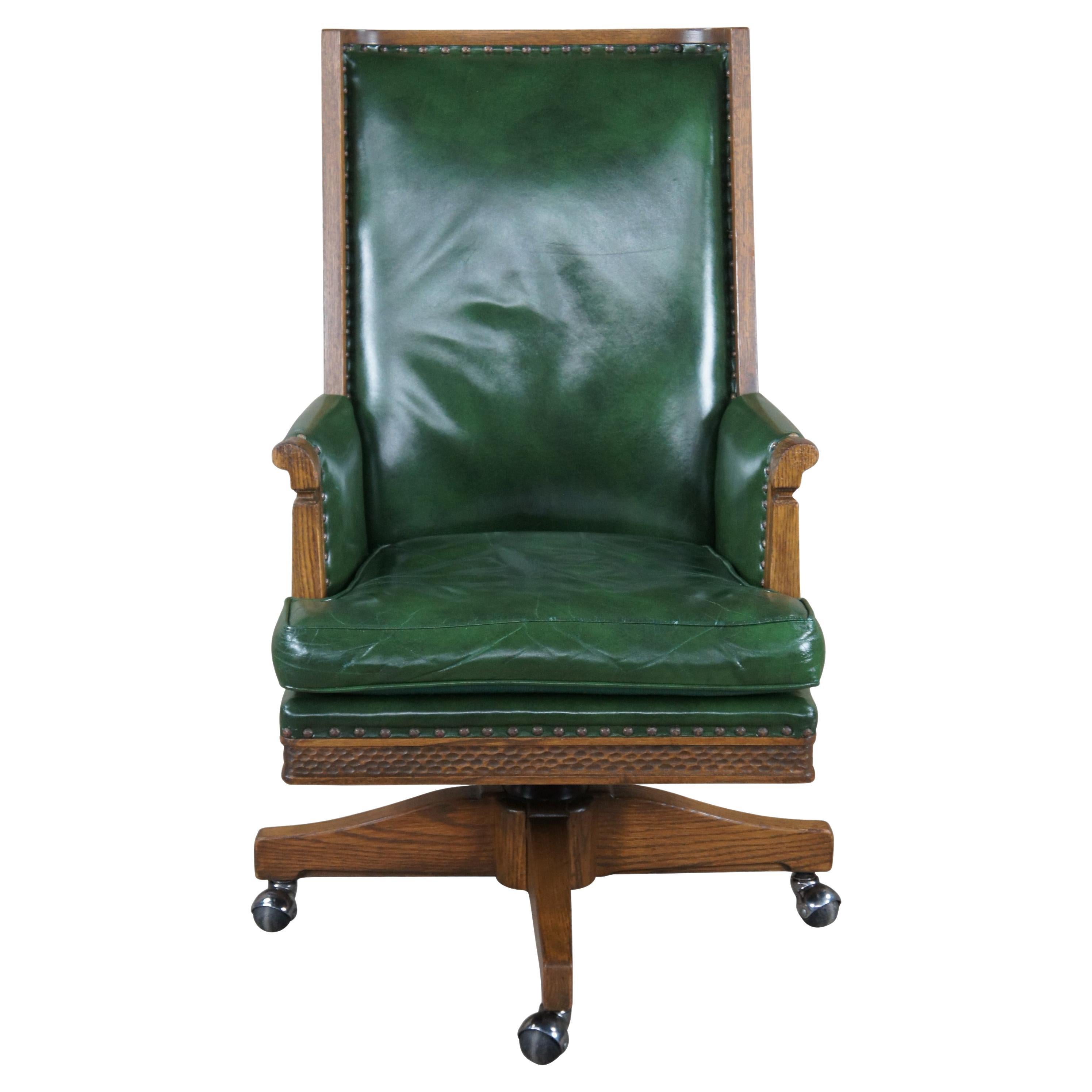 Midcentury Romweber Viking Oak Carved Green Leather Executive Office Desk  Chair For Sale at 1stDibs