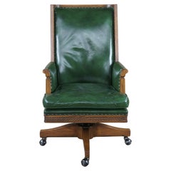 Retro Midcentury Romweber Viking Oak Carved Green Leather Executive Office Desk Chair