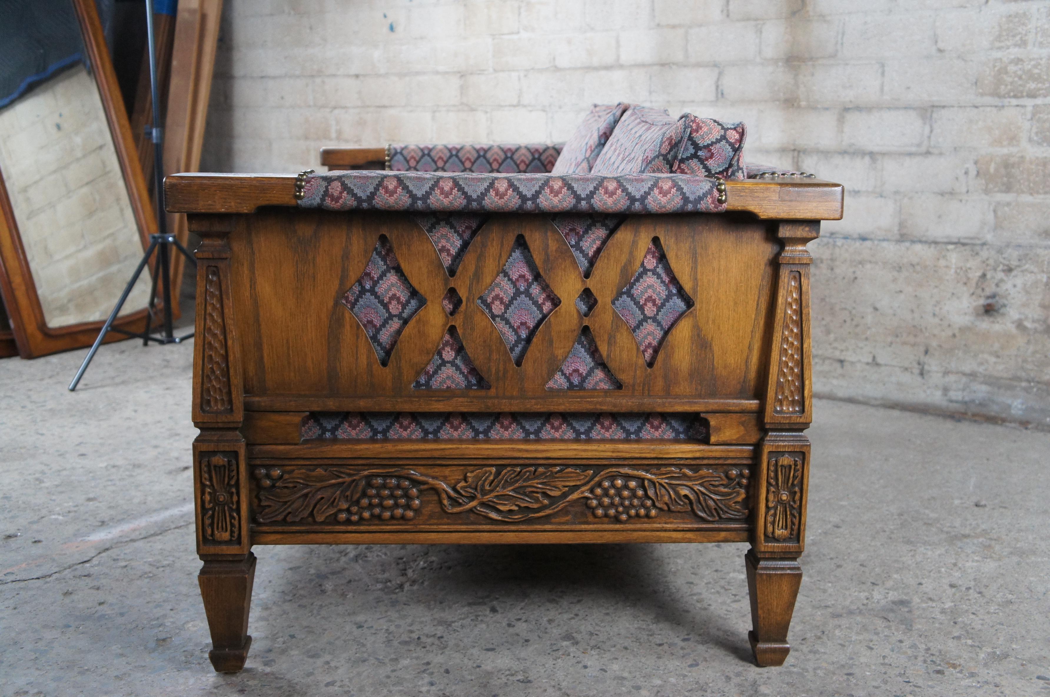 Upholstery Mid-Century Romweber Viking Oak Grapevine Carved Love Seat Library Sofa