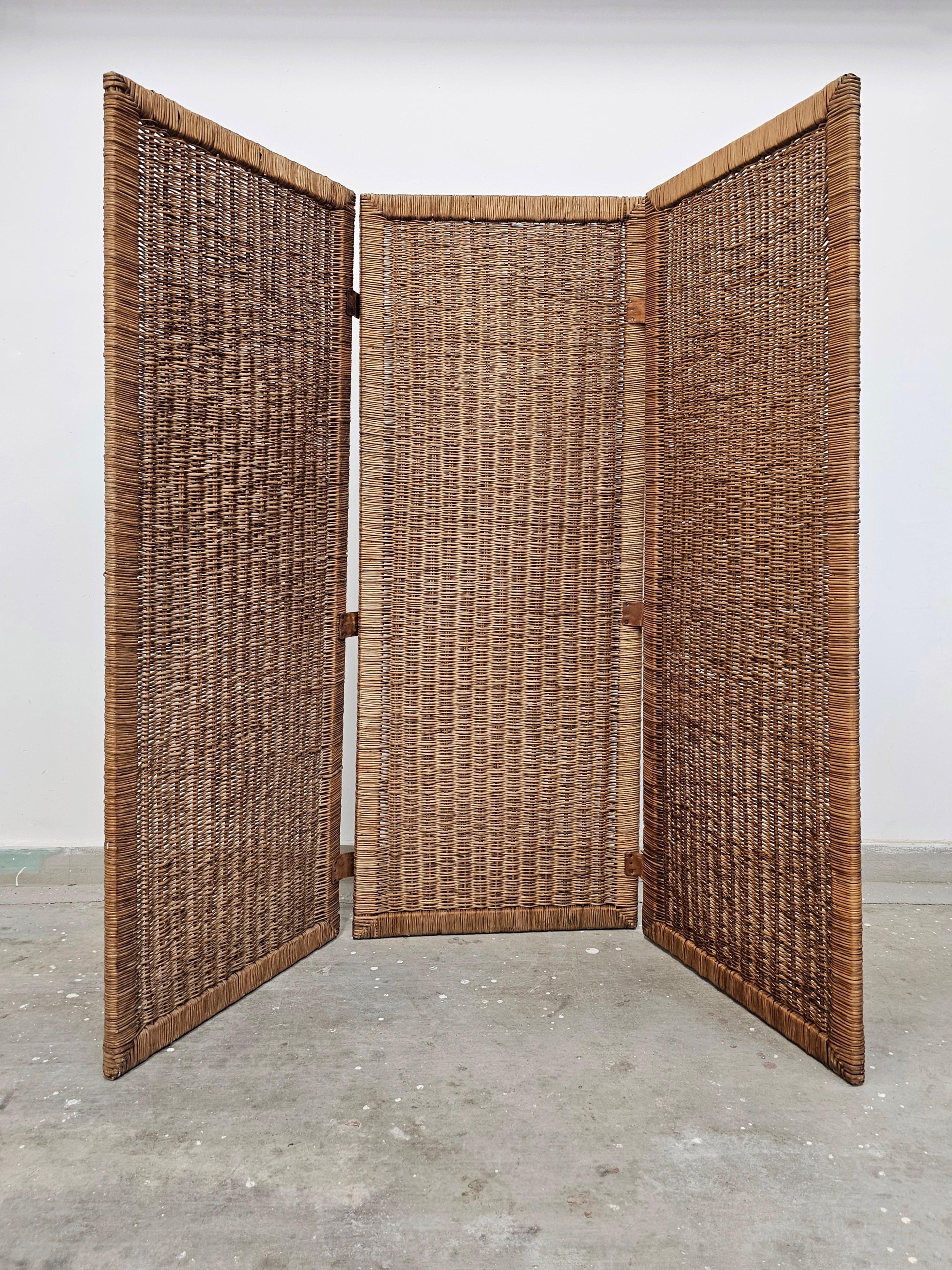 Italian Mid Century Room Divider done in rattan with leather connectors, Italy 1960s