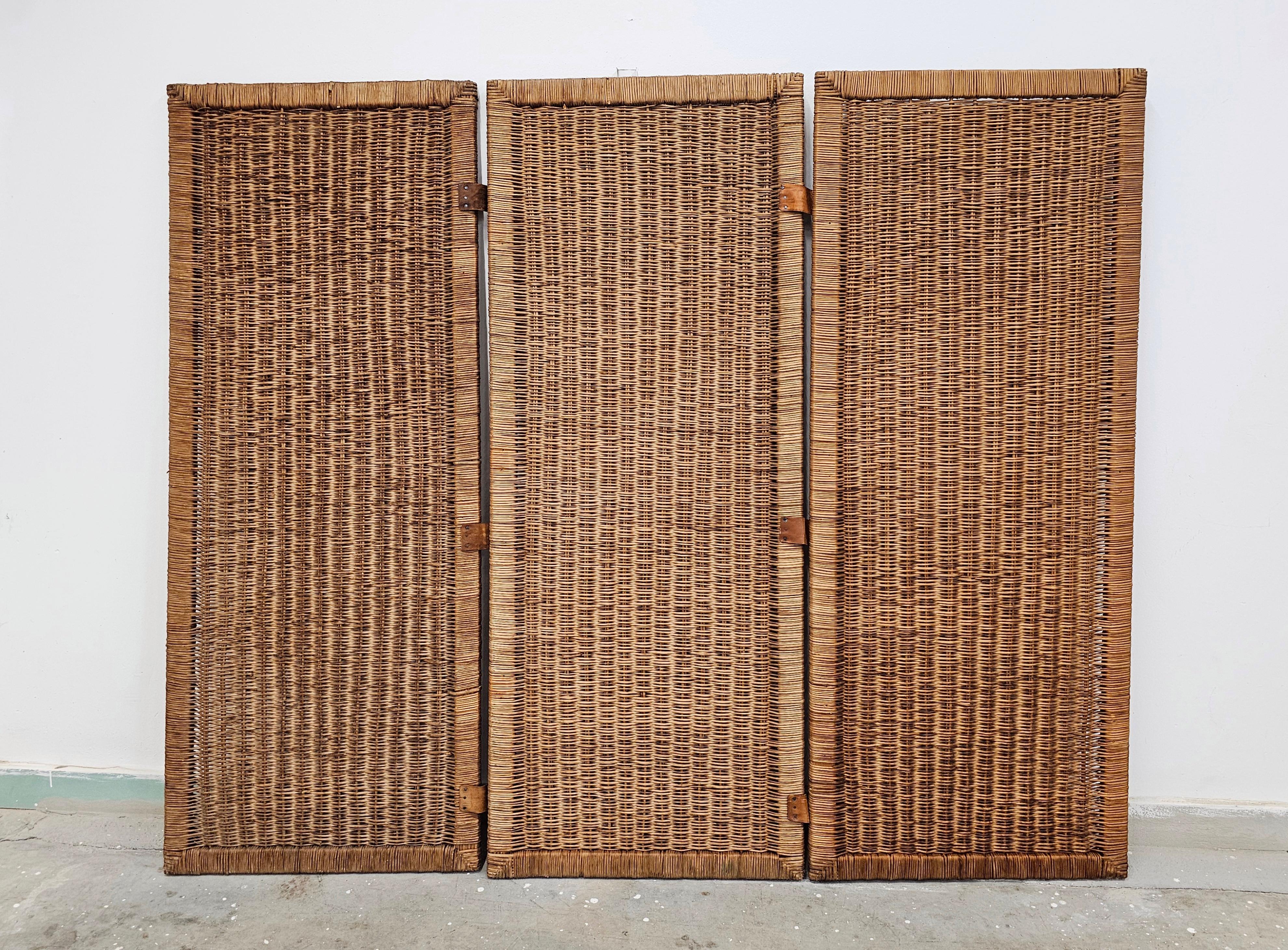 Mid Century Room Divider done in rattan with leather connectors, Italy 1960s 1