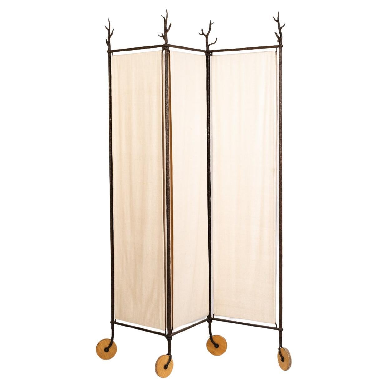 Mid-Century Room Divider - Screen in Iron with Linen by St. Herzog Munich 1990s For Sale