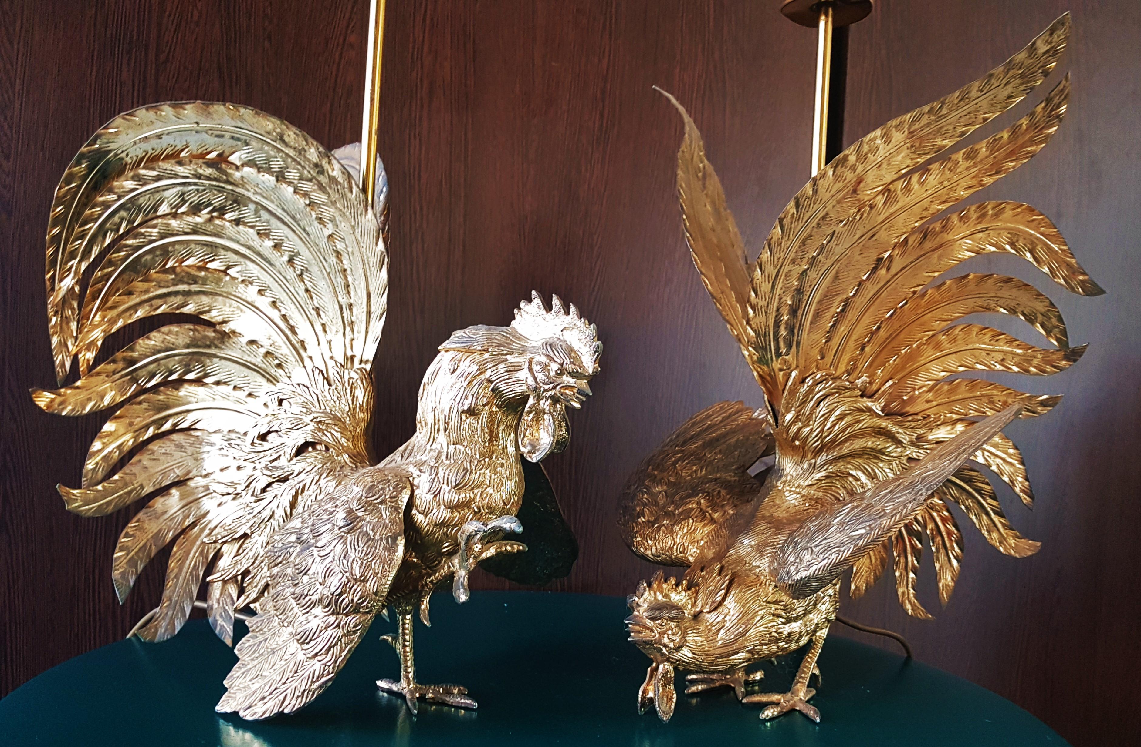 Pair of midcentury rooster brass table lamps, Italy, 1960s.
Perfect vintage condition with the original shades.

Size sculpture: H 45cm, 36 x 28 cm
Full size: H 84cm, 43 x 43 cm.