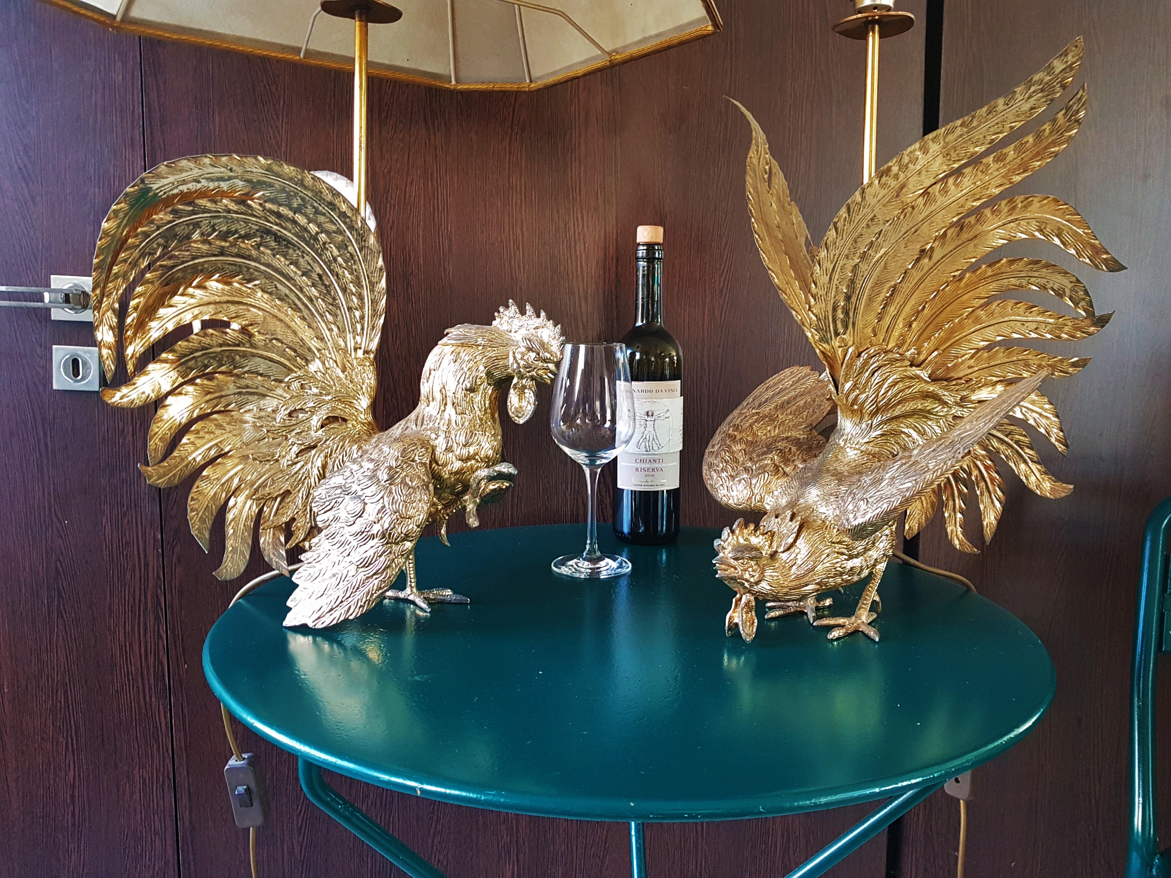 Hollywood Regency Midcentury Rooster Sculpture Brass Lamps, Italy, 1960s For Sale