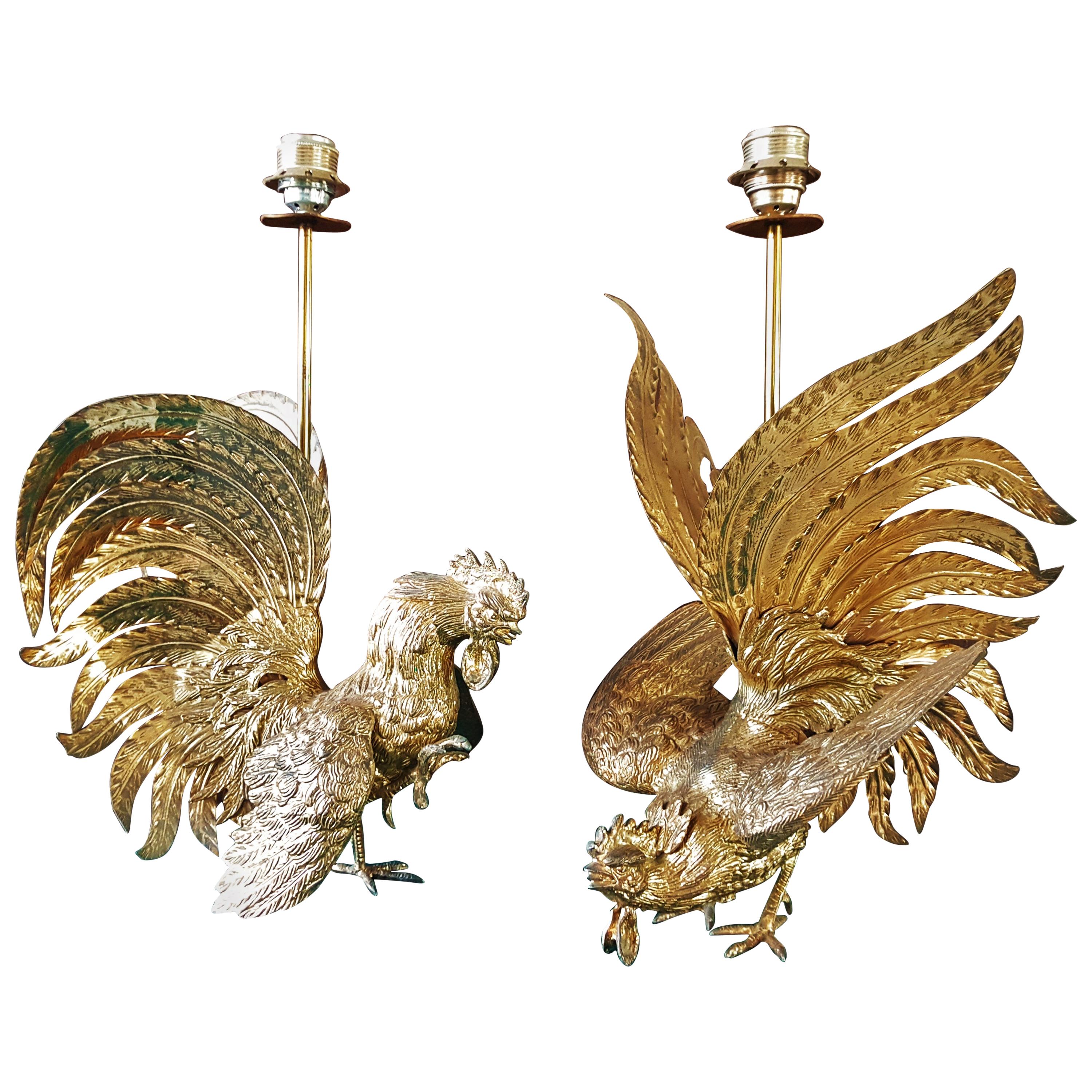Midcentury Rooster Sculpture Brass Lamps, Italy, 1960s