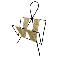 Mid Century rope and black metal magazine rack, 1950's, tripod