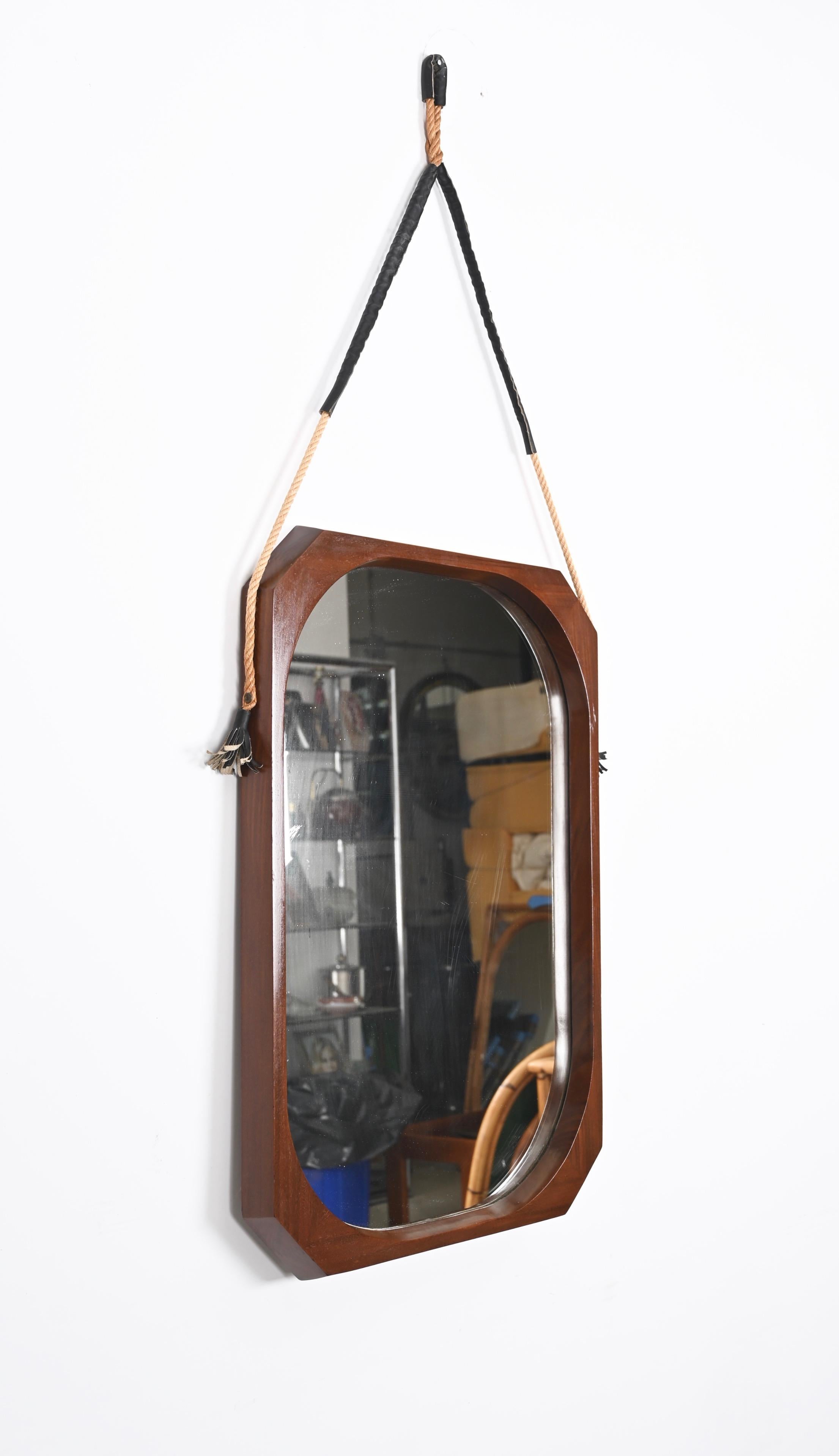 Midcentury Rope and Leather Teak Framed Italian Wall Mirror, 1960s For Sale 1