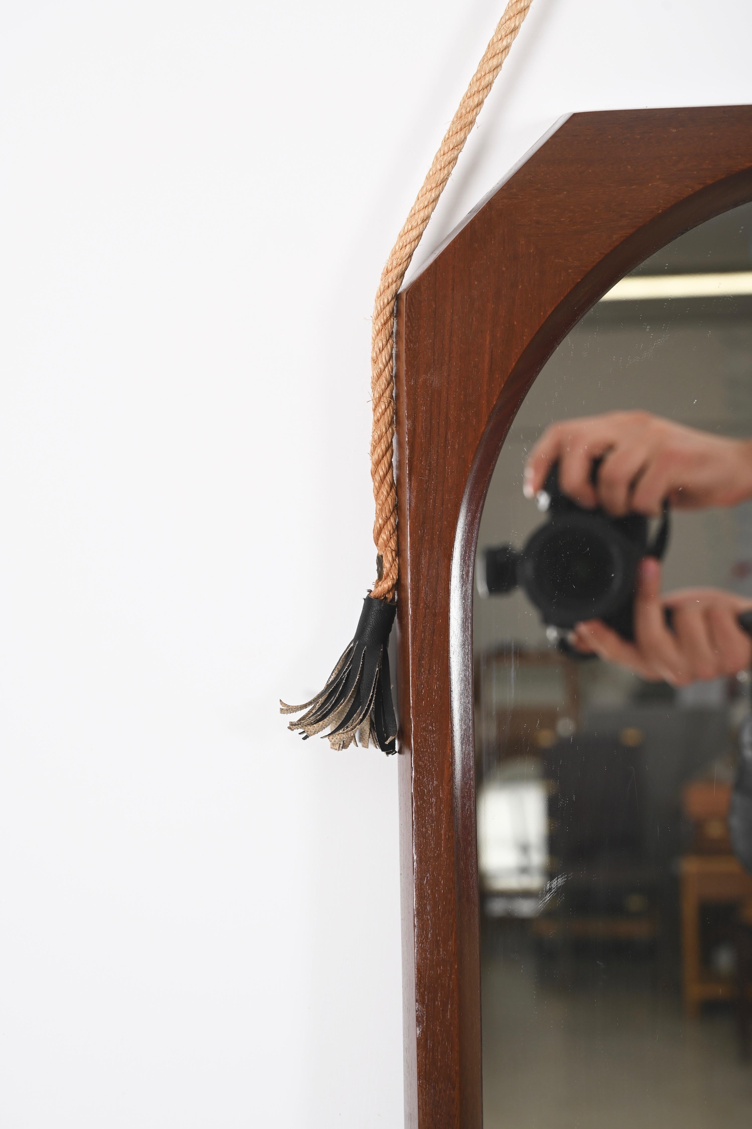 Midcentury Rope and Leather Teak Framed Italian Wall Mirror, 1960s For Sale 2