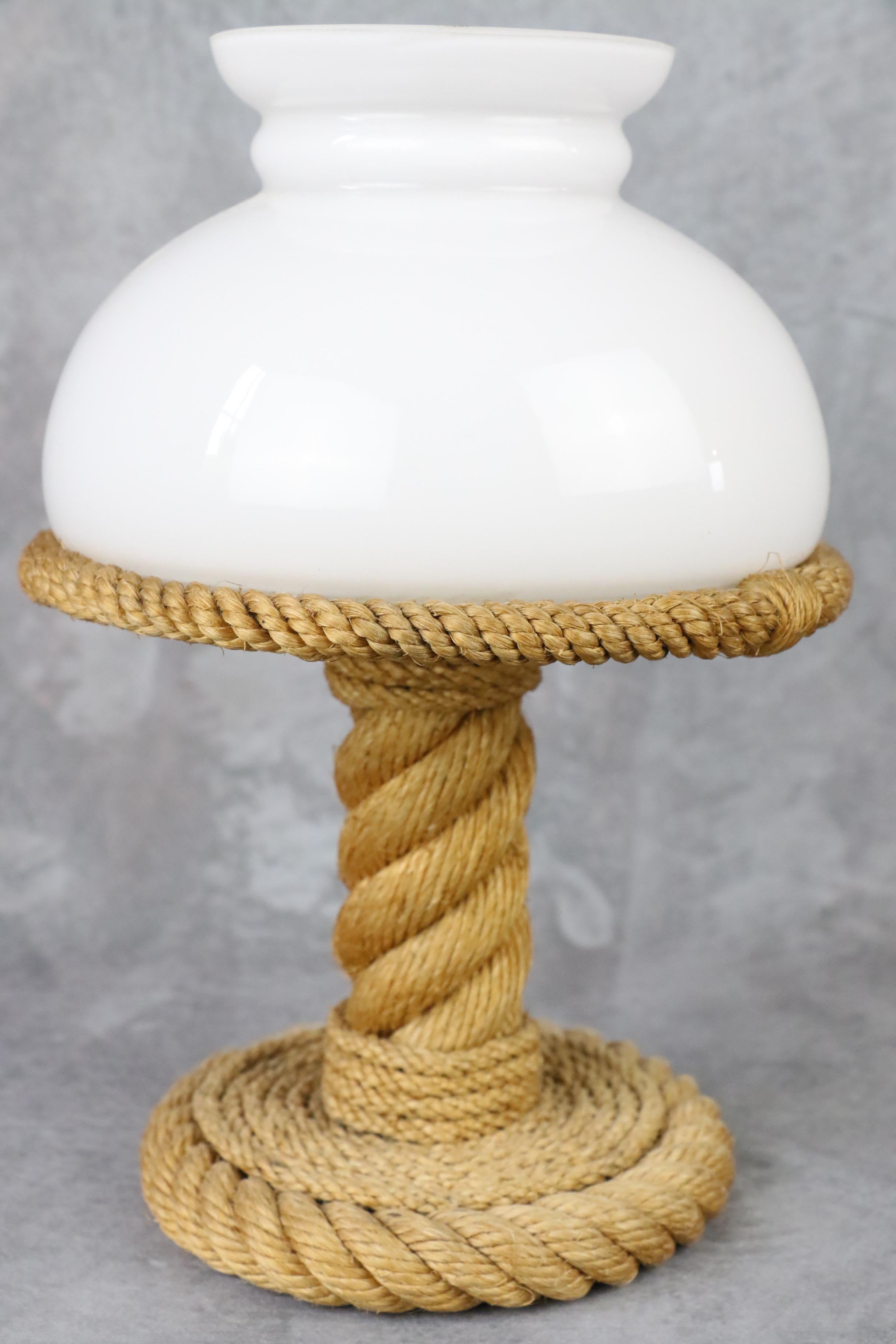 Mid-Century Modern Midcentury Rope and Opaline Lamp by Adrien Audoux and Frida Minet, circa 1960