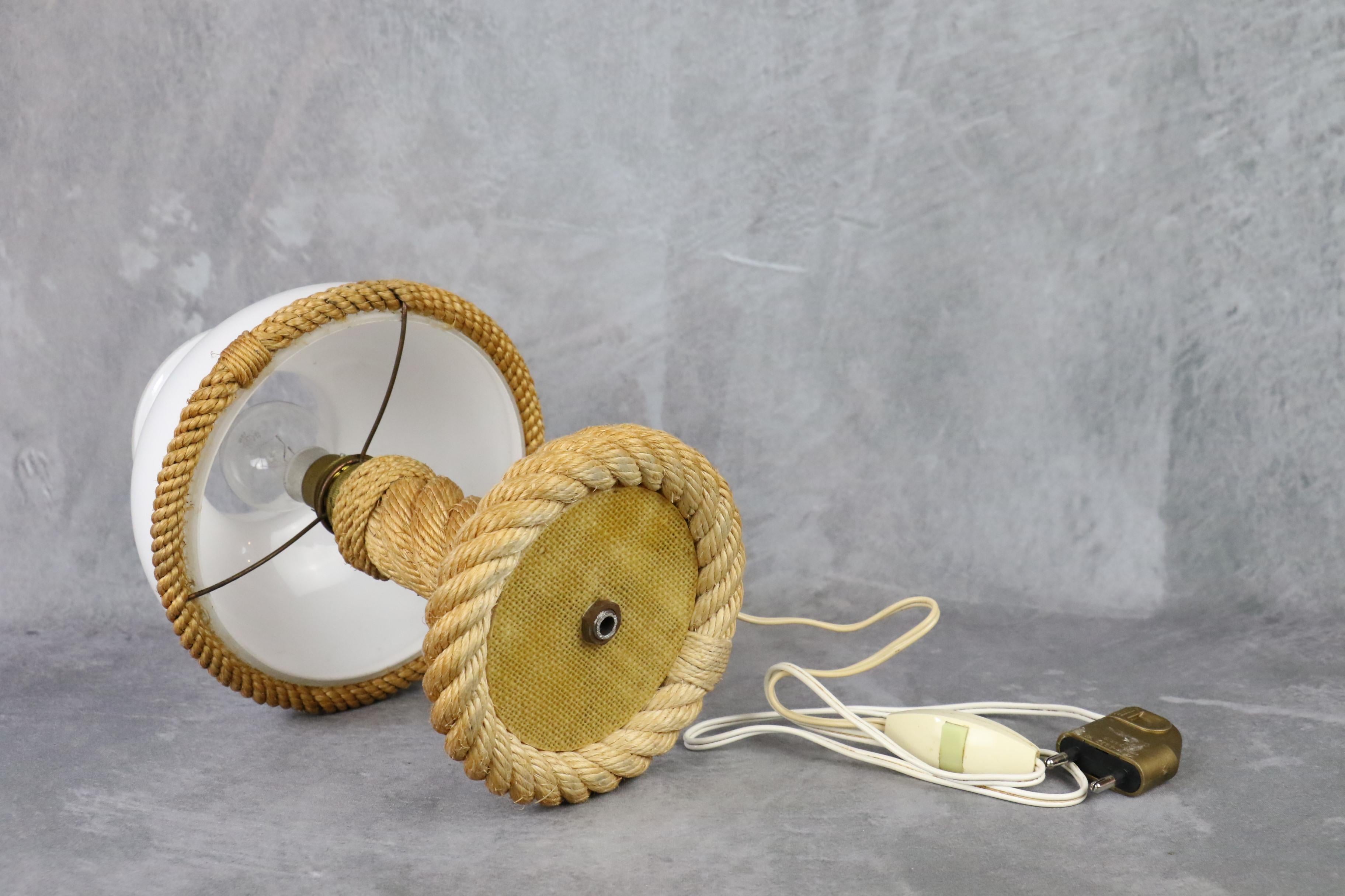 French Midcentury Rope and Opaline Lamp by Adrien Audoux and Frida Minet, circa 1960