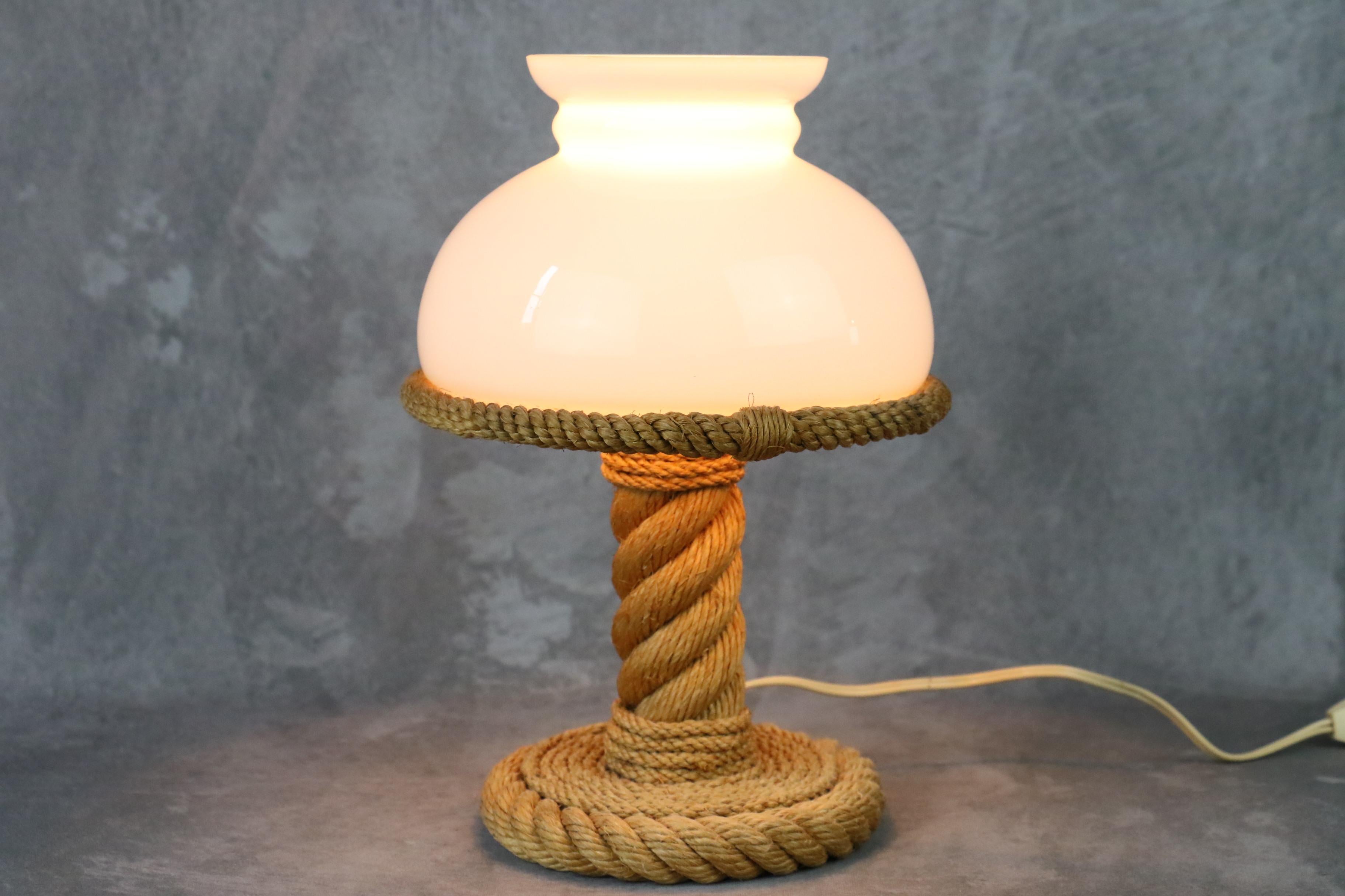 Hand-Crafted Midcentury Rope and Opaline Lamp by Adrien Audoux and Frida Minet, circa 1960