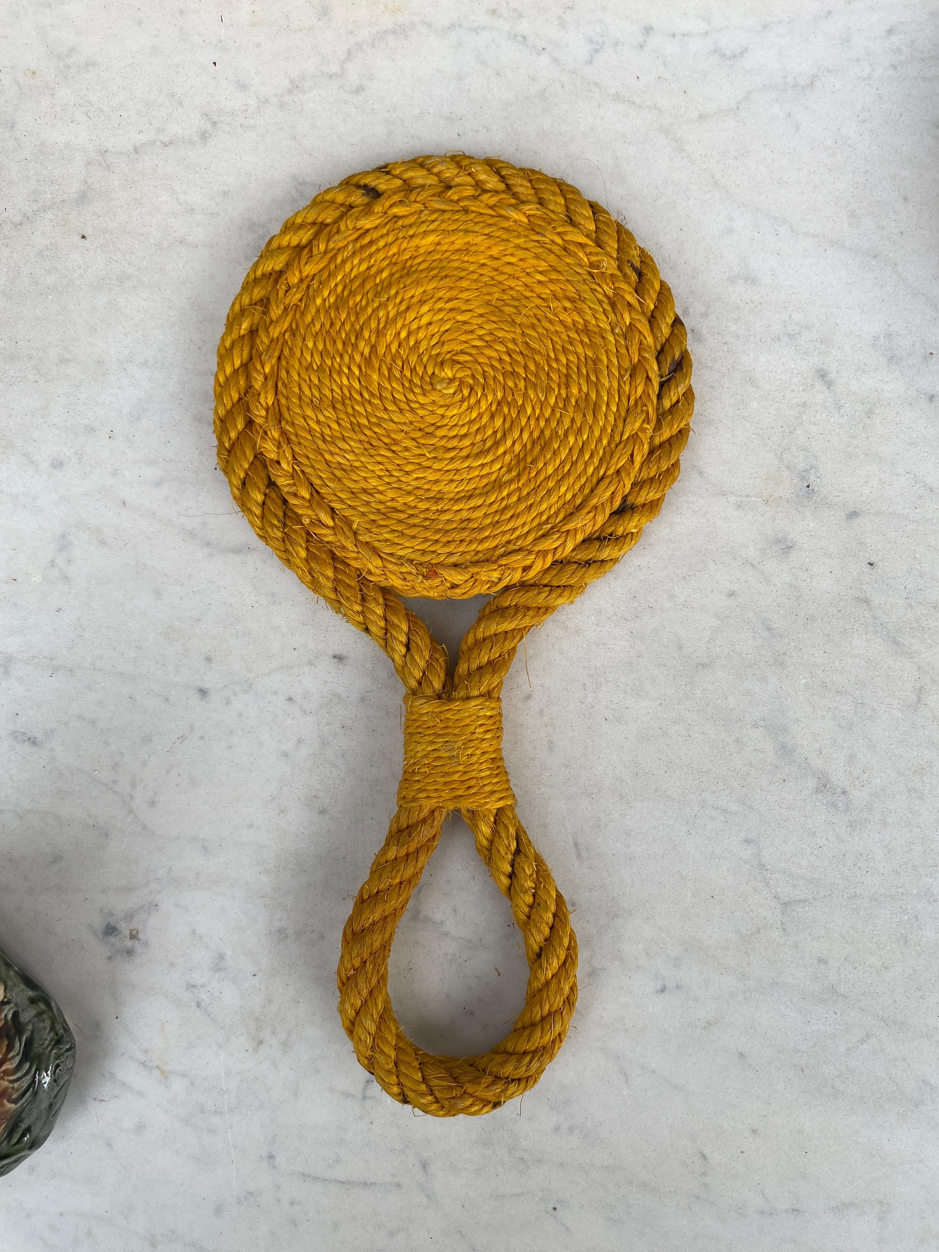  Mid-Century Rope Hand Mirror Adrien Audoux & Frida Minet In Good Condition For Sale In Austin, TX