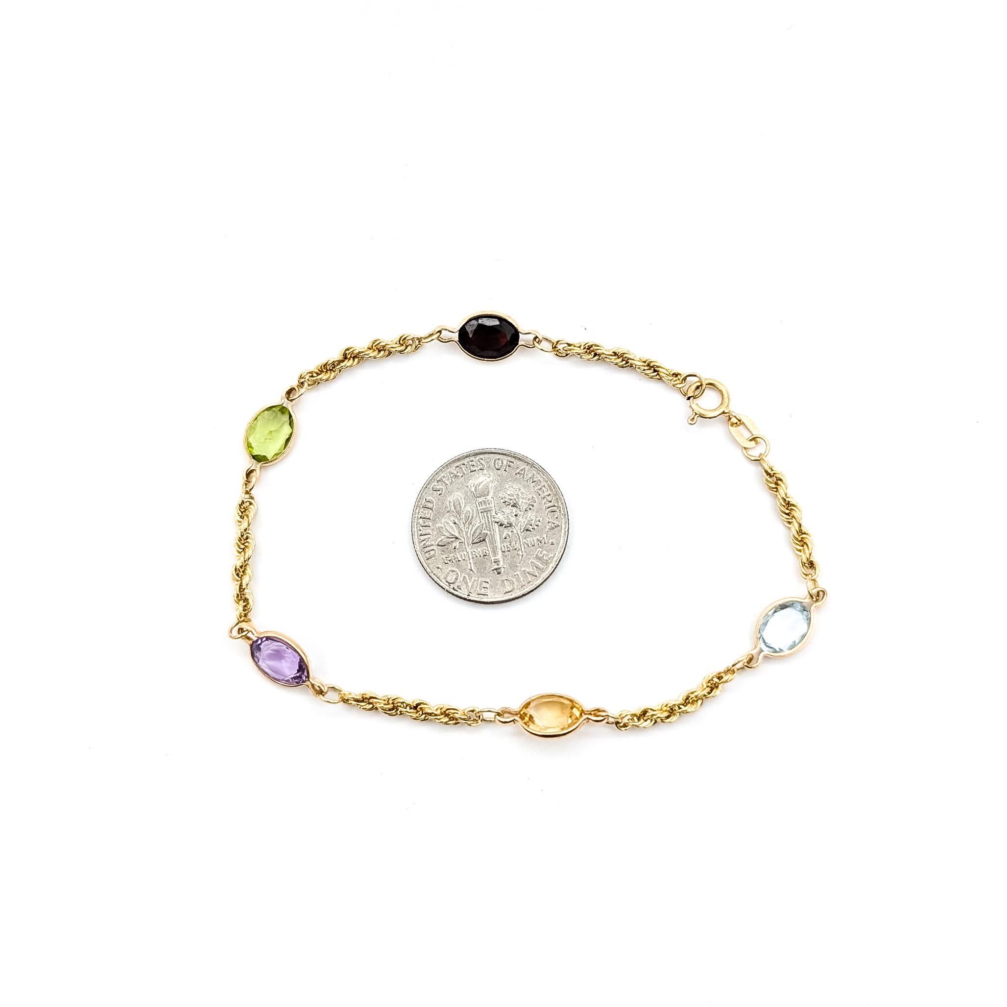 De las mujeres Pulsera de eslabones de cuerda de oro amarillo de 14 quilates con varias piedras preciosas de mediados de siglo en venta