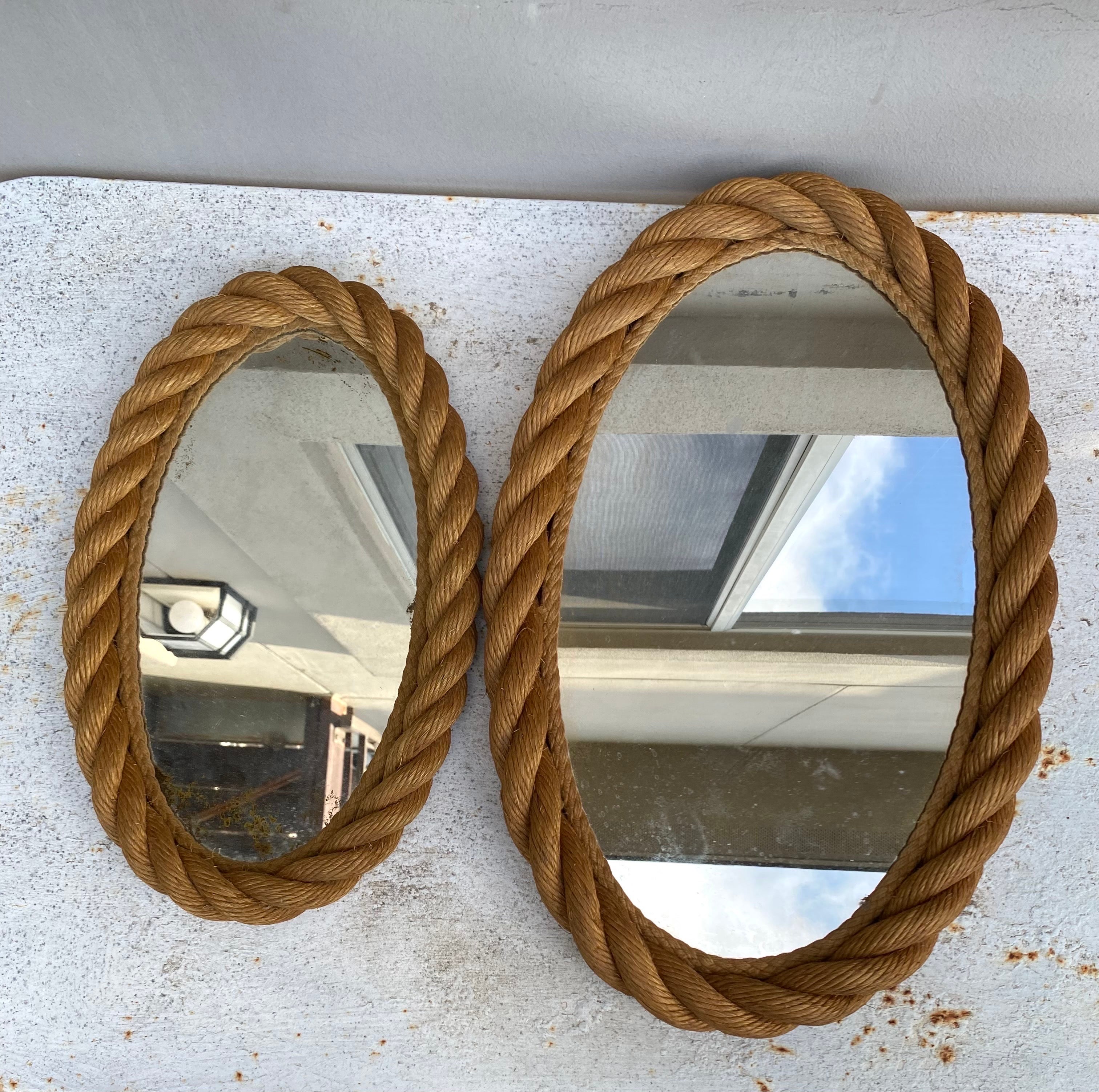 French Mid-Century Rope Oval Mirror Adrien Audoux and Frida Minet