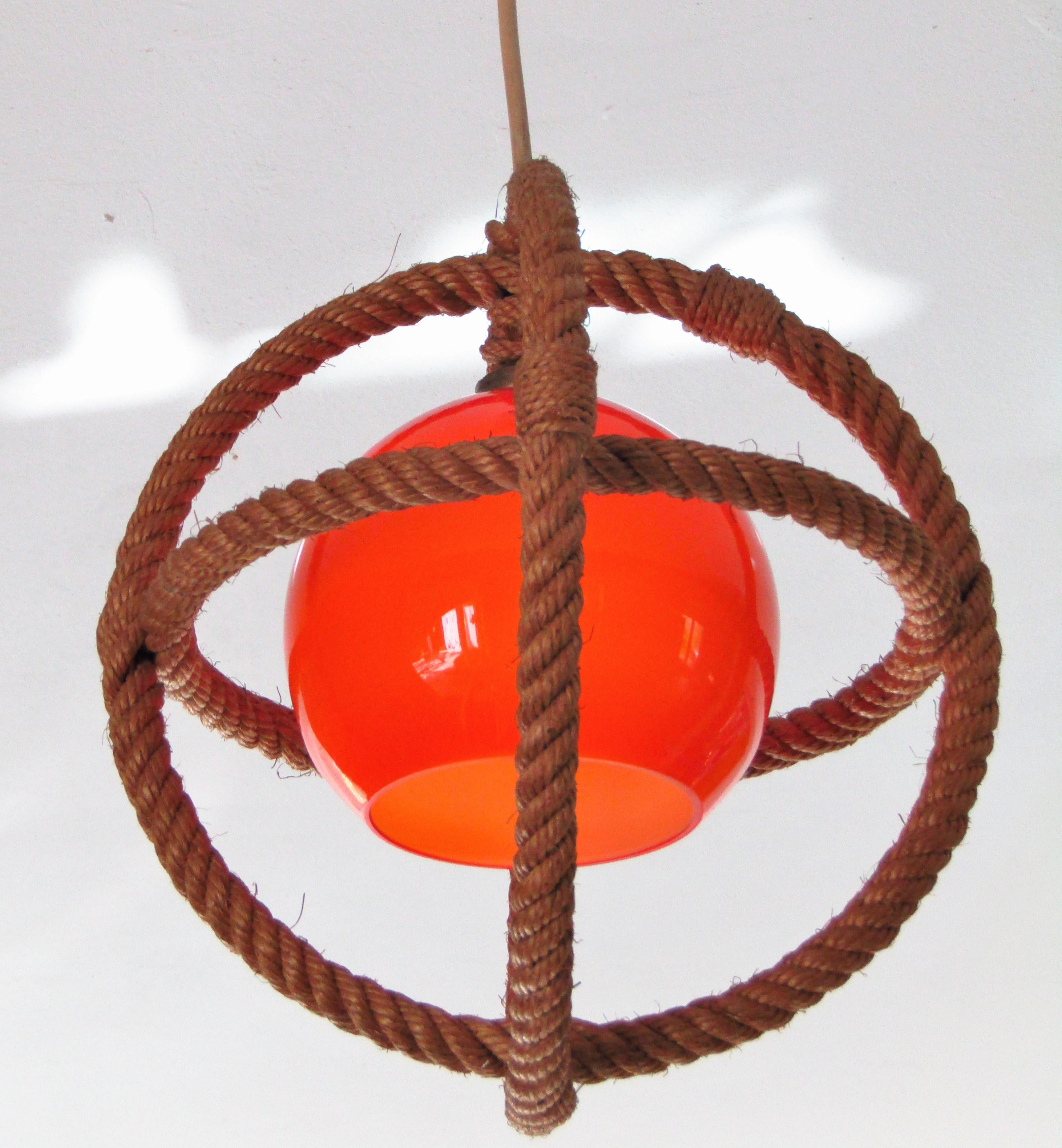 Mid-Century Rope Pendant Glass Shade by Audoux Minnet, France, 1960's For Sale 4