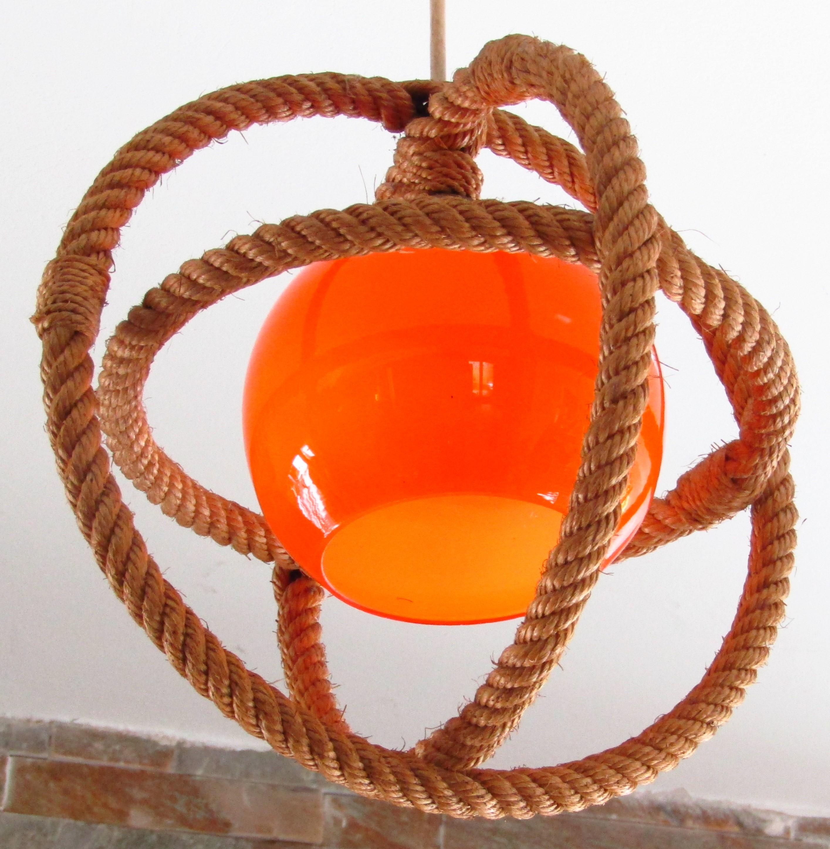 Mid-Century Rope Pendant Glass Shade by Audoux Minnet, France, 1960's For Sale 7