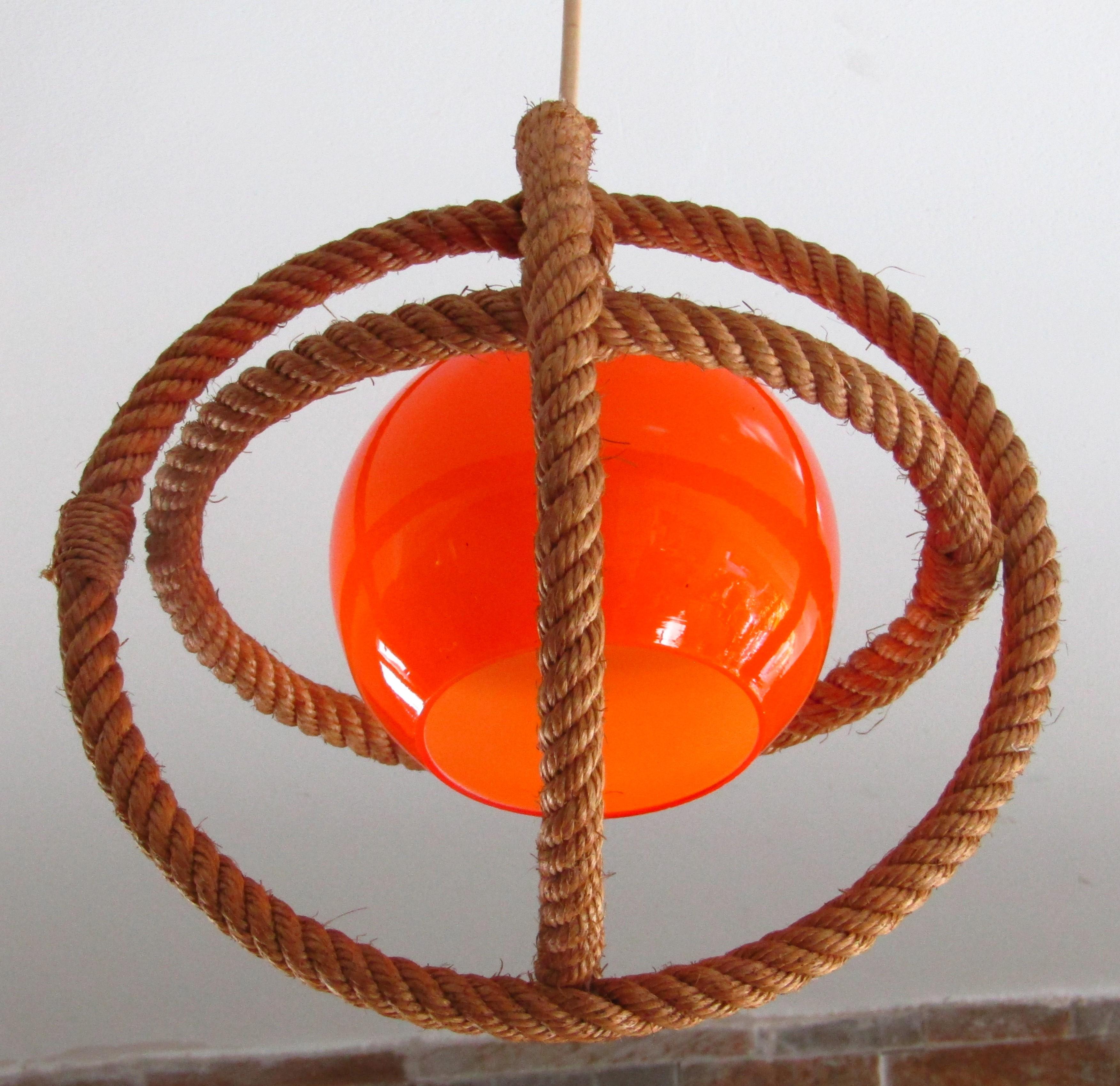 Mid-Century Rope Pendant Glass Shade by Audoux Minnet, France, 1960's For Sale 8