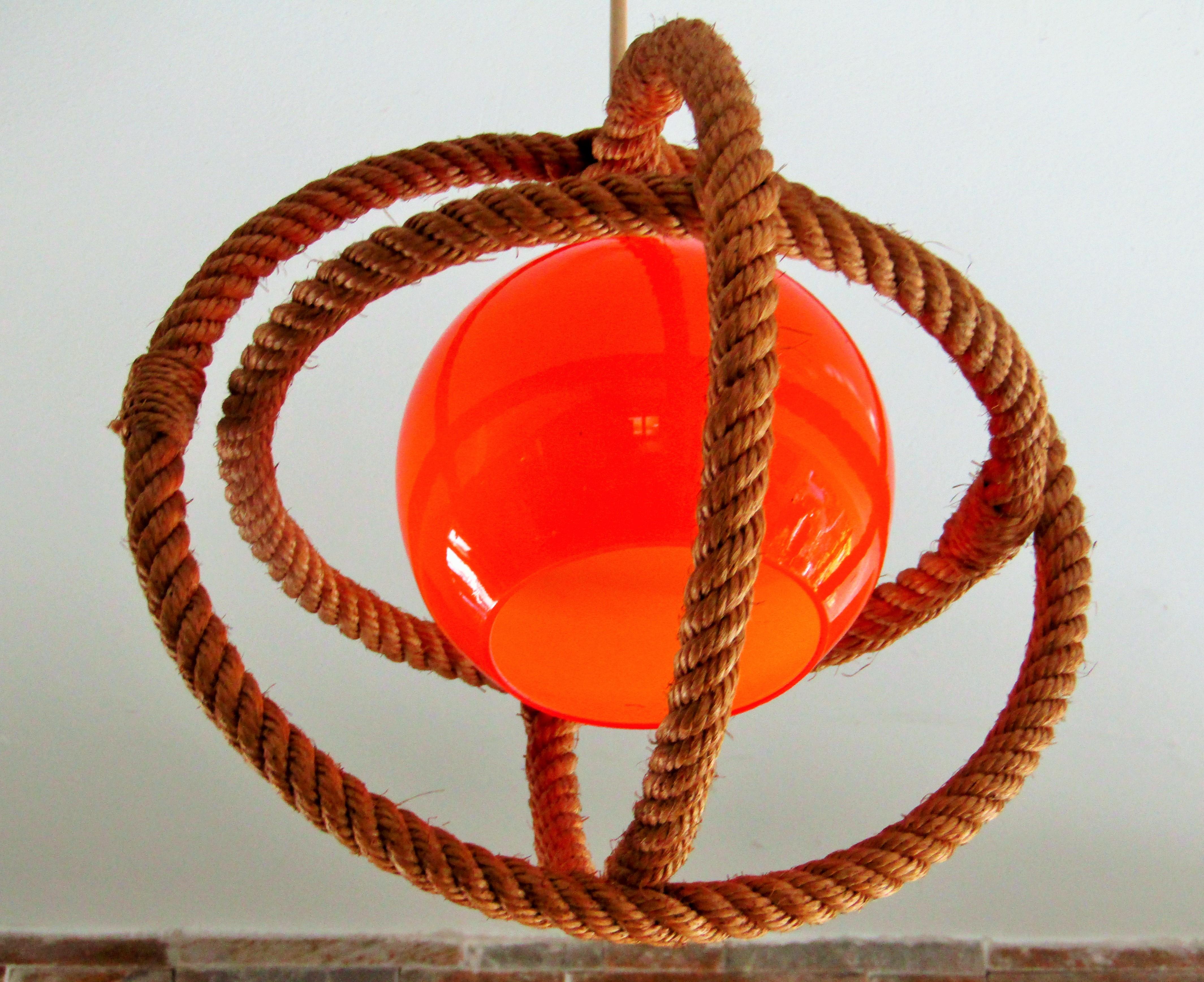 Mid-Century Modern Mid-Century Rope Pendant Glass Shade by Audoux Minnet, France, 1960's For Sale
