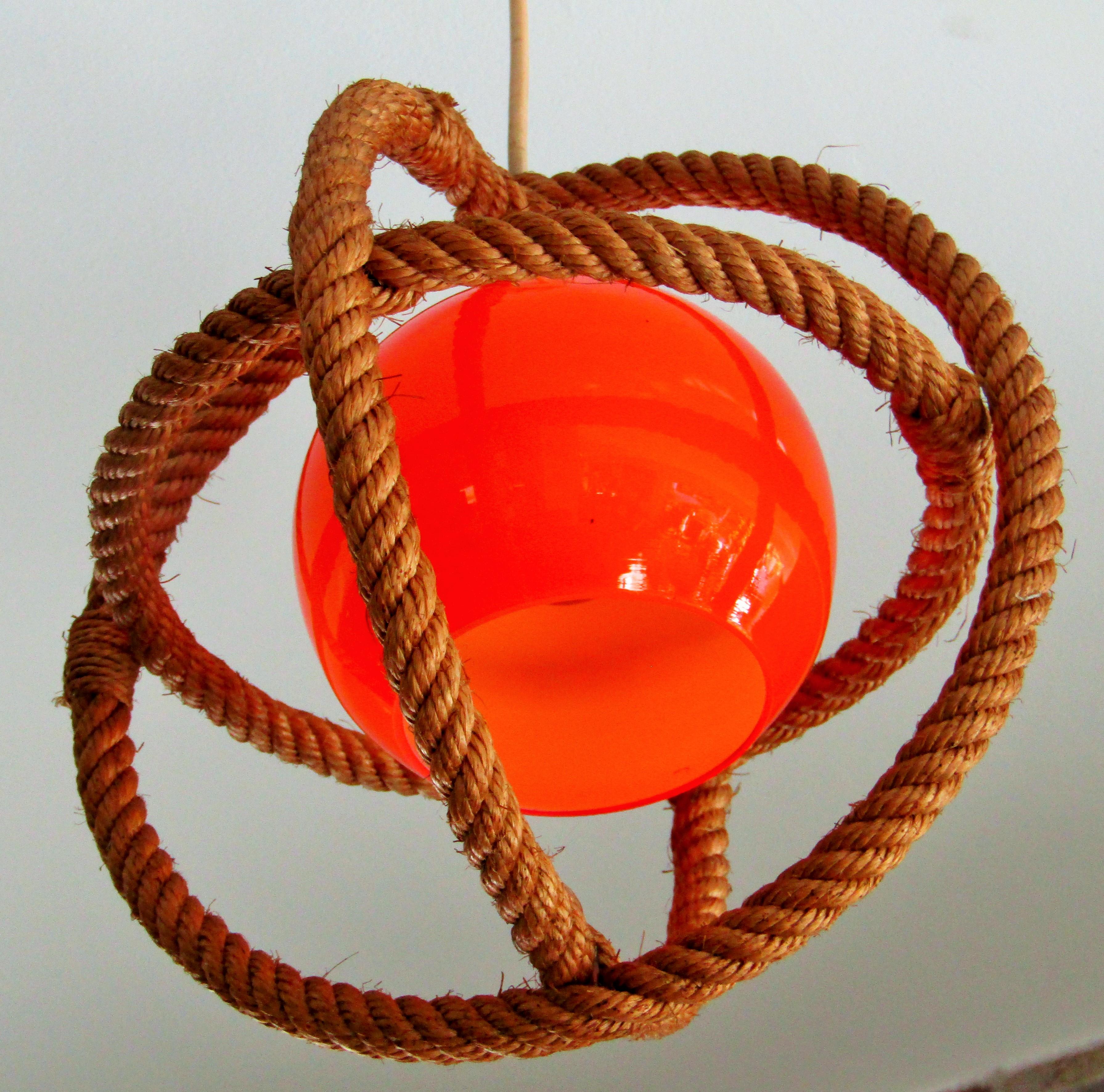 French Mid-Century Rope Pendant Glass Shade by Audoux Minnet, France, 1960's For Sale